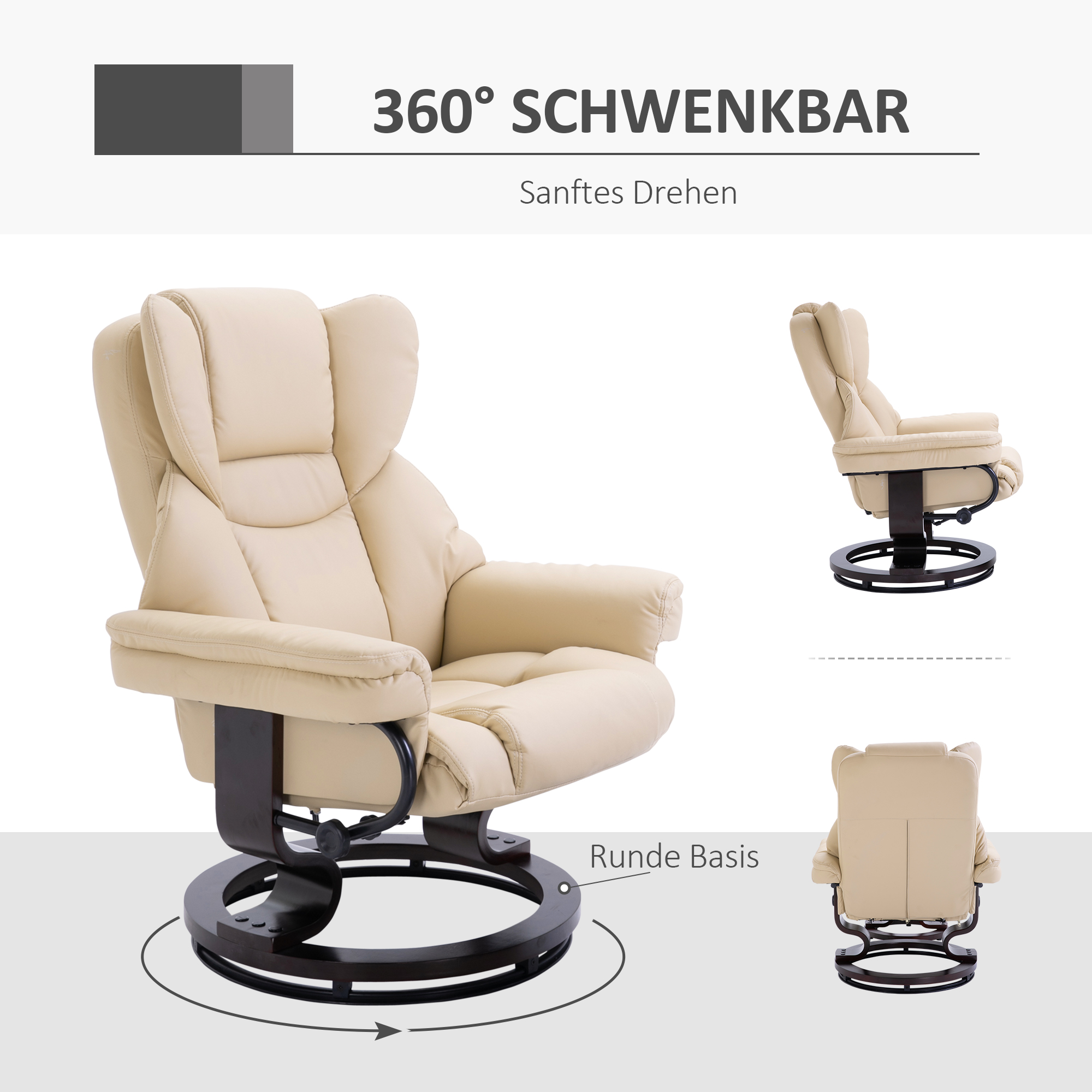 HOMCOM Fauteuil met kruk, ligfunctie, draaibaar, tot 160 kg, kunstleer, metalen frame, crème, 80 x 79 x 100 cm
