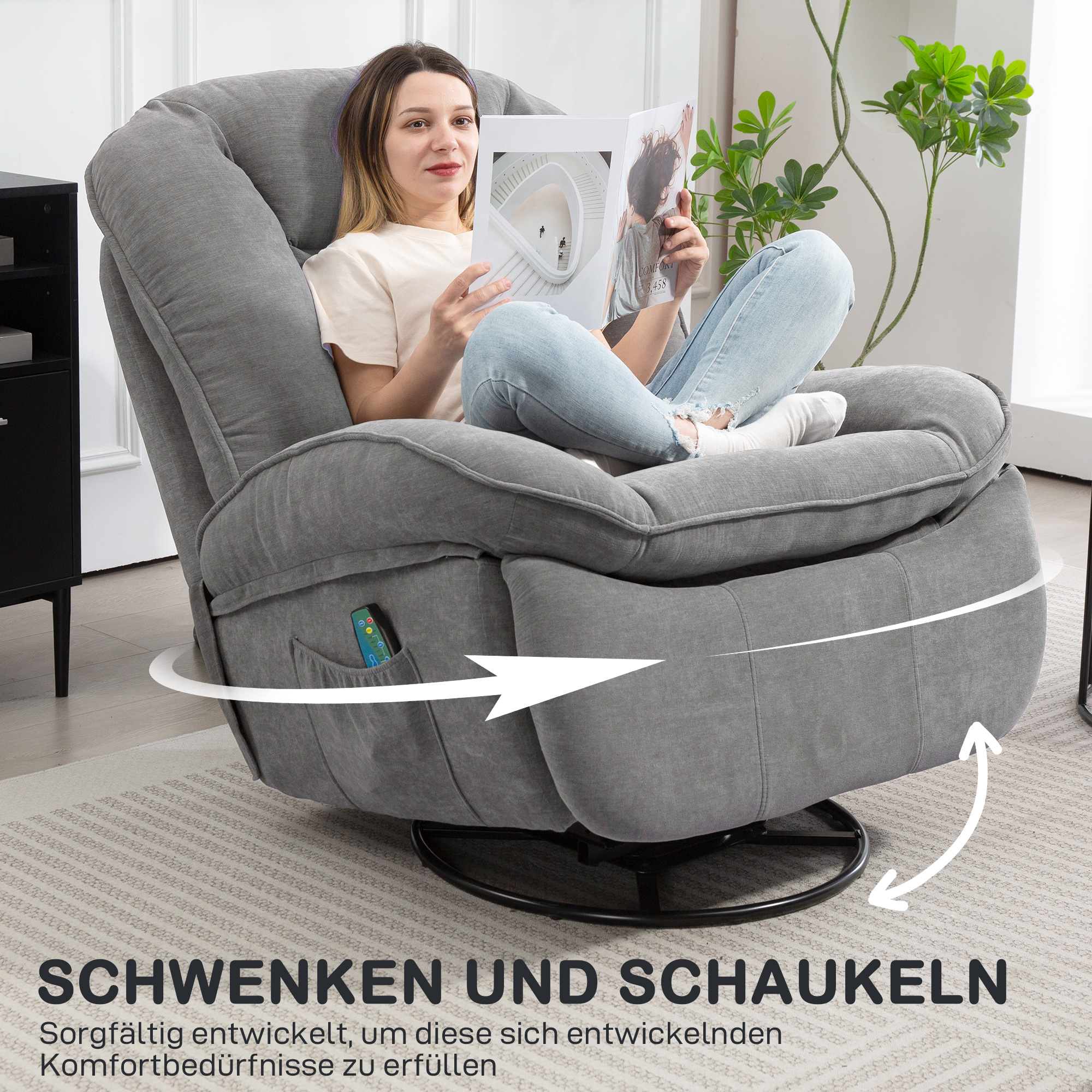 HOMCOM Relaxfauteuil, TV-fauteuil met Ligfunctie, Schommel- en Draaibaar, met Voetsteun, Grijs