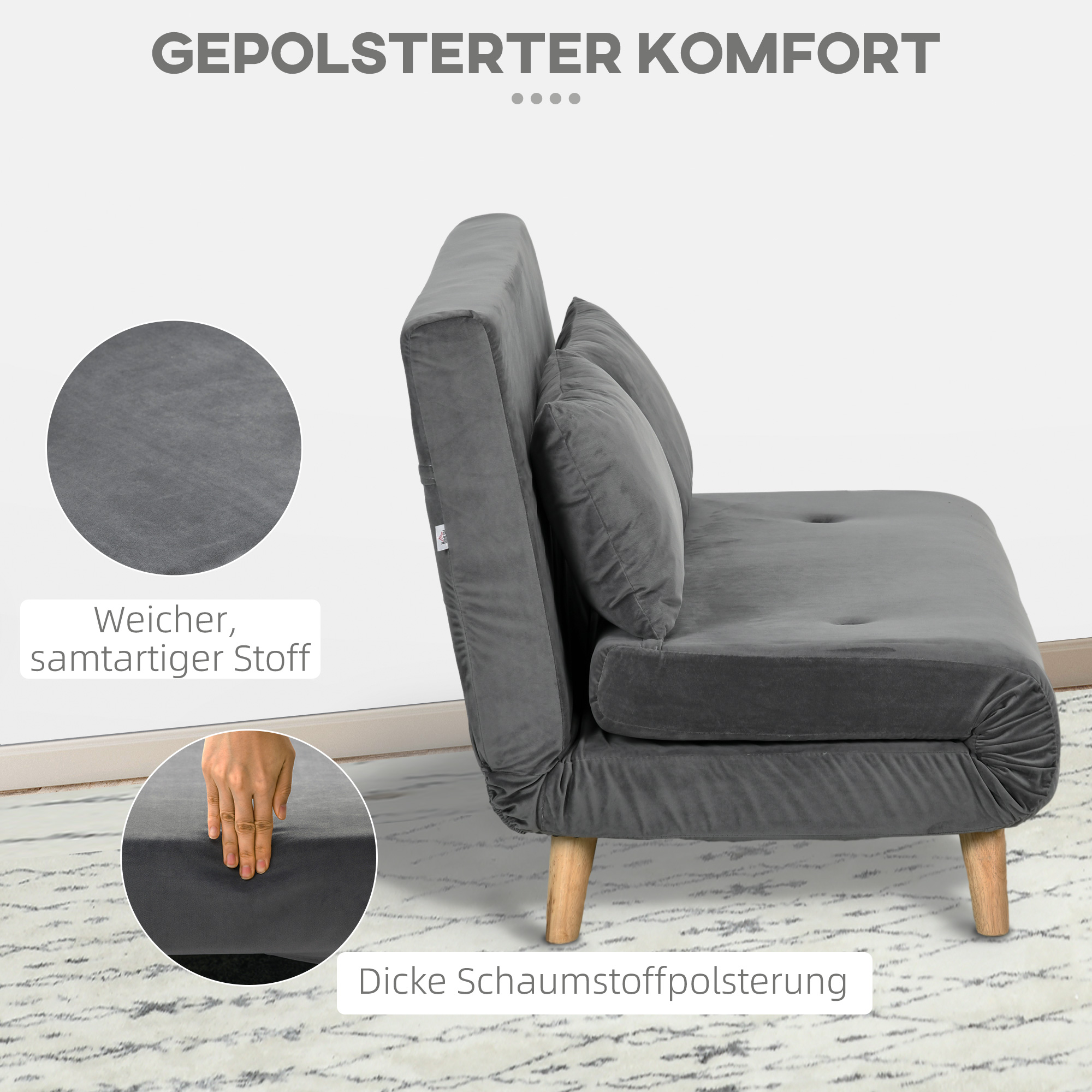 HOMCOM Schlafbank Relaxbank Bankstel, inclusief 2 kussens, fluweelachtige uitstraling, 130 x 78 x 79 cm, Grijs