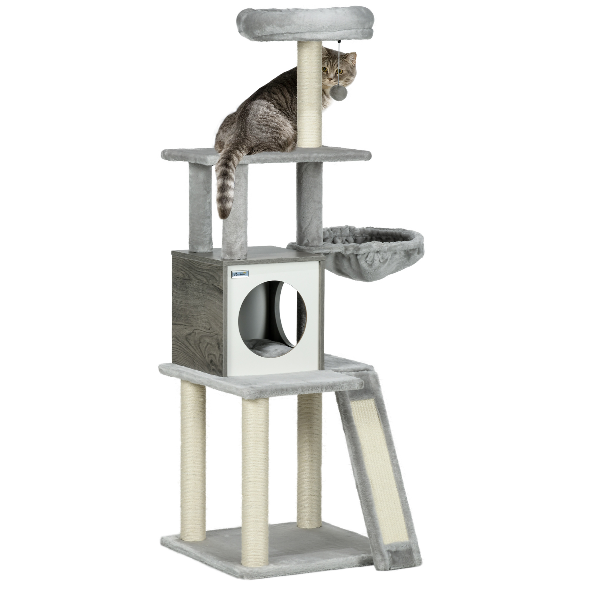 PawHut Krabpaal met kattenhol. Kattenboom, 1 kattenhol, 1 hangmat, 1 kattenbed, 1 ligplaats, natuur + wit + grijs