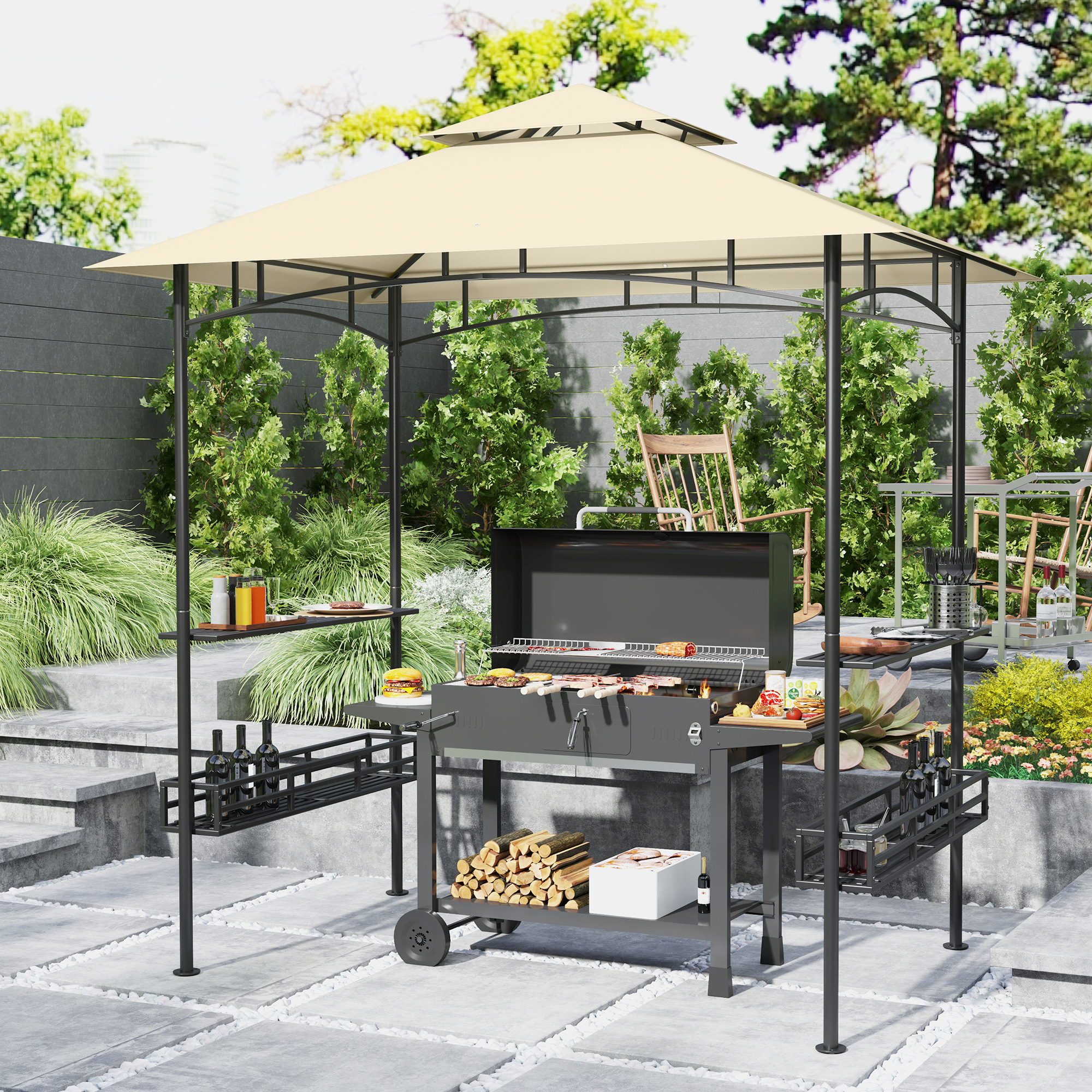 Outsunny BBQ-Tent, Grill-Tent, Tuinpaviljoen met 2 Planken, Opbergmanden, Haken, voor Terras, Beige