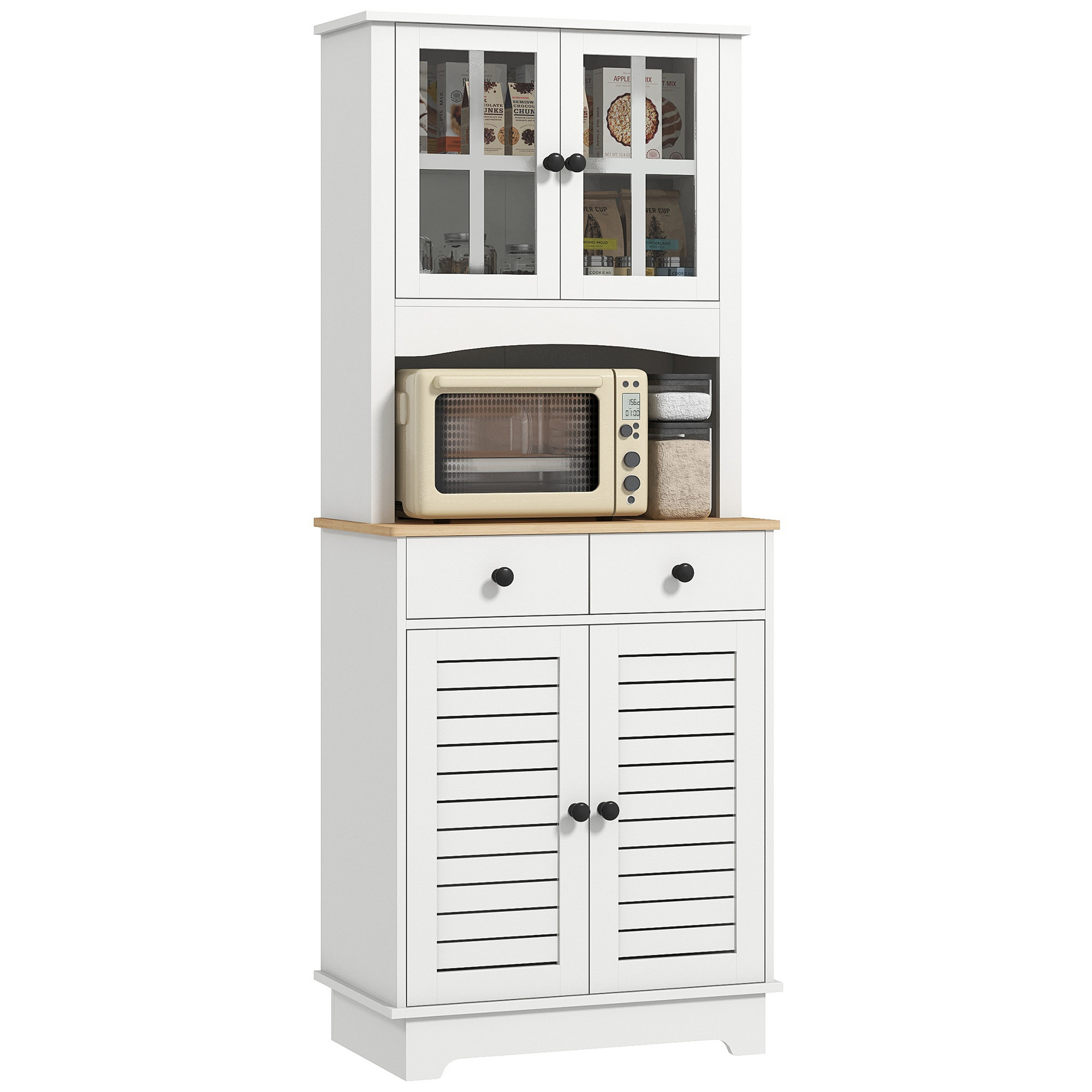 HOMCOM Keukenkast met Glazen Deuren, 2 Laden, Servieskast, Eetkamerschrank, Hout, 68 x 39,5 x 170 cm, Wit