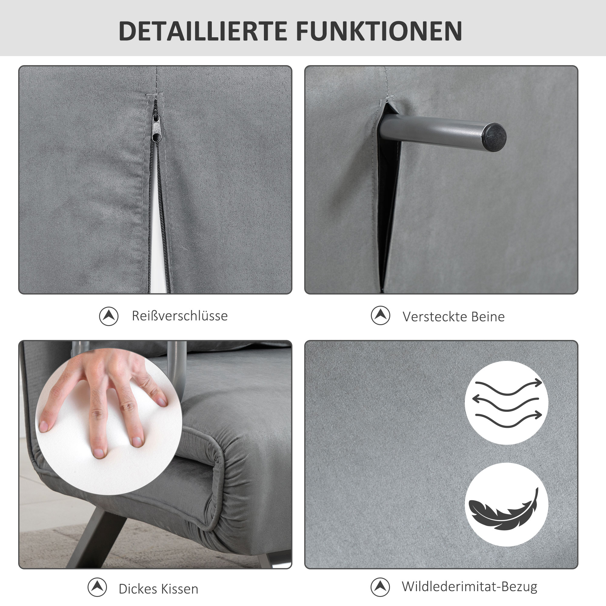 HOMCOM Slaapbank, tweepersoonsbank, logeerbed, inclusief 2 kussens, grijs