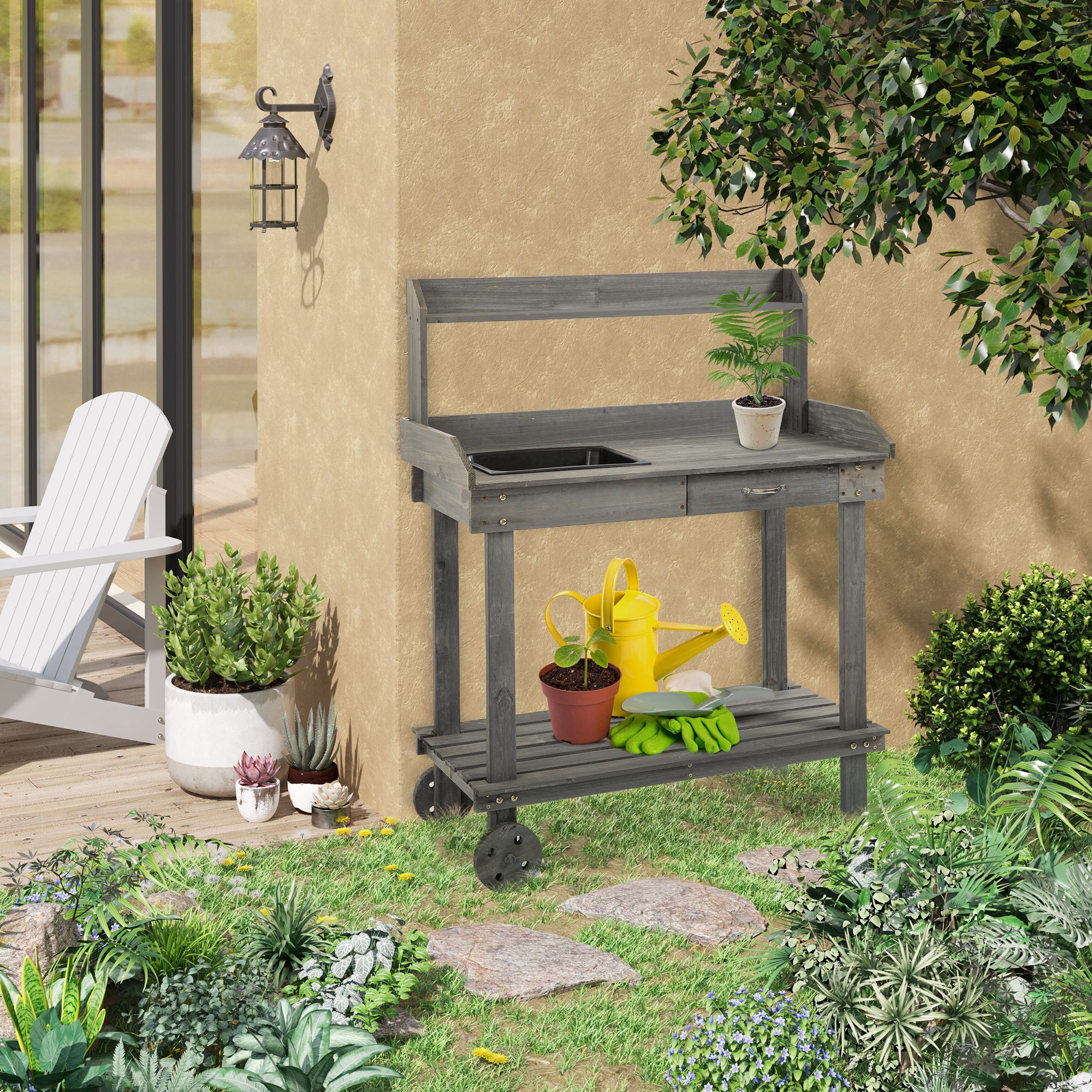 Outsunny plantentafel met schuiflade, 2 niveaus tuintafel met gootsteen en wielen, tuin, dennenhout grijs 92 x 45 x 119 cm