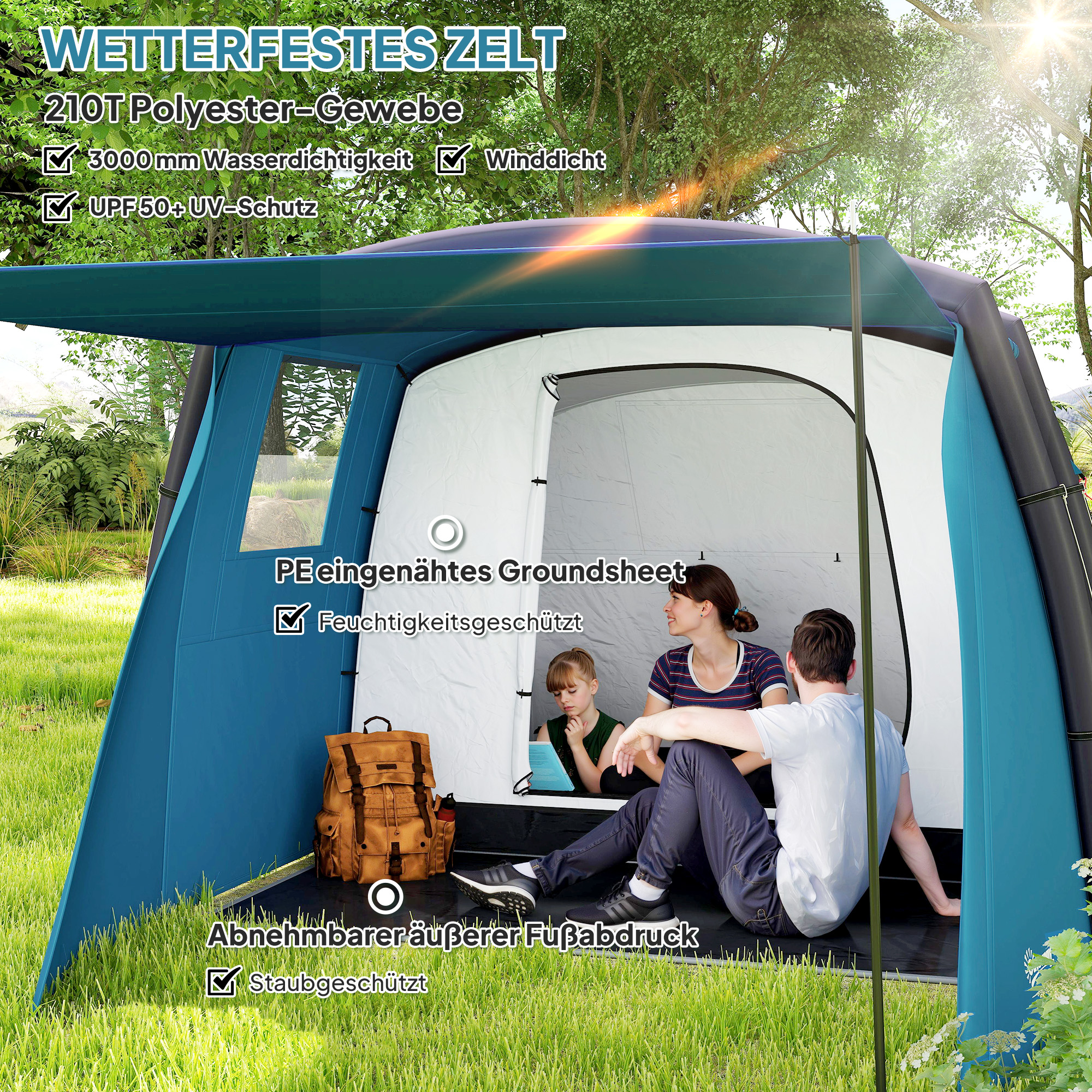 Outsunny Opblaasbare Campingtent 3-6 Personen Outdoor Tunneltent met Zijramen Deur Luchtsteunen 4,4 x 2,8 x 1,95 m Blauw