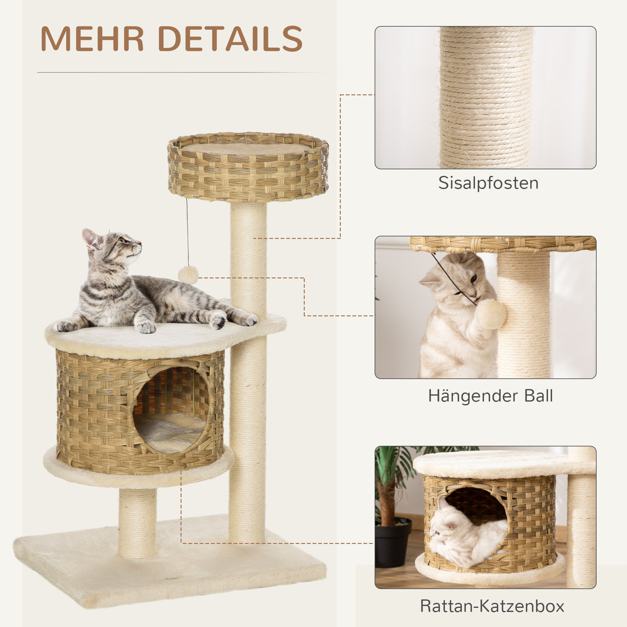 PawHut krabpaal kattenboom klimboom met sisalpalen stabiel met grotten speelballen speelsisal hoogte 95 cm spaanplaat sisal fluweelzacht polyester PE naturel + beige 55 x 47 x 95 cm