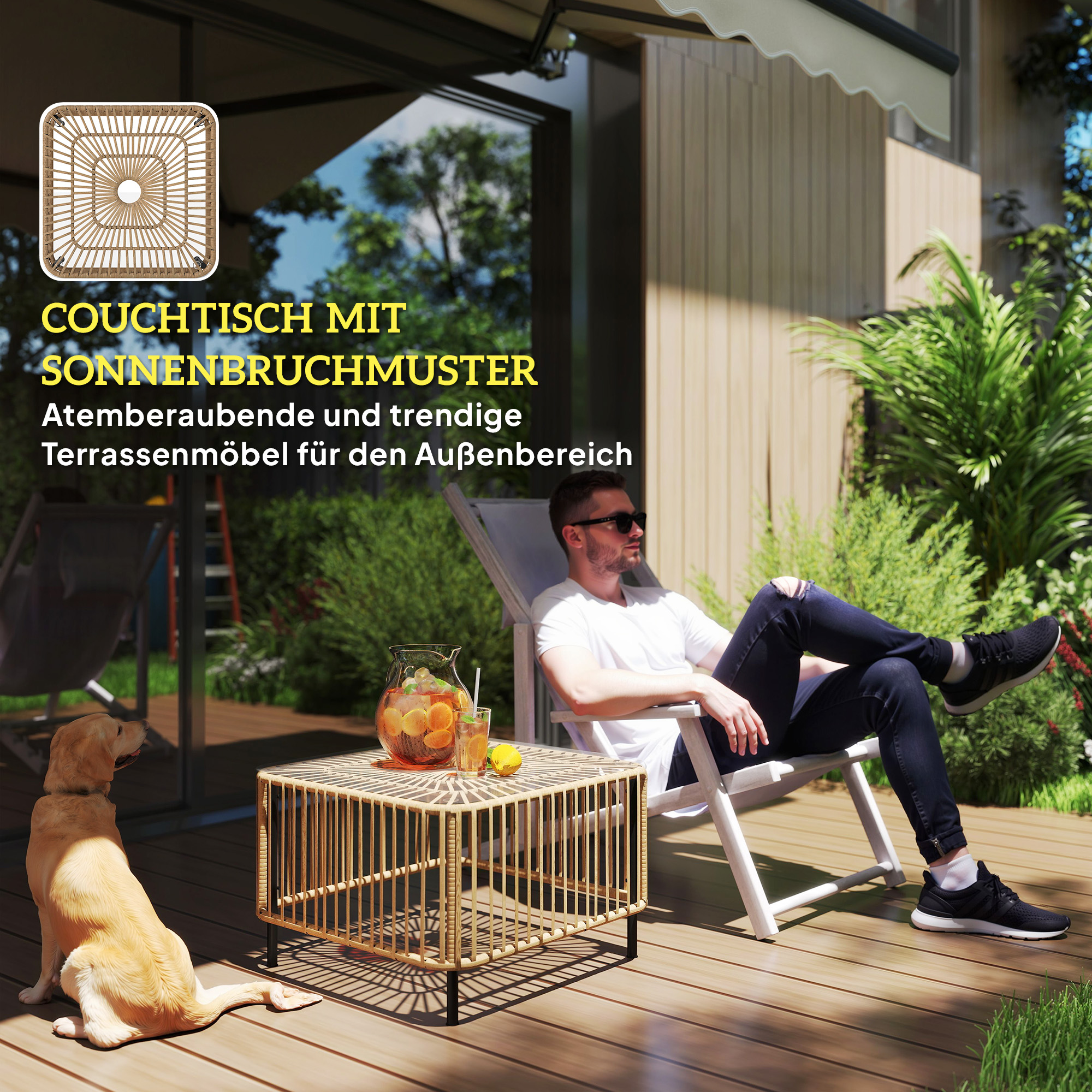 Outsunny Polyrattan Tuintafel, 65 x 65 x 43 cm, Weerbestendige Bijzettafel Vierkant met Glazen Plaat, Natuurlijk Hout