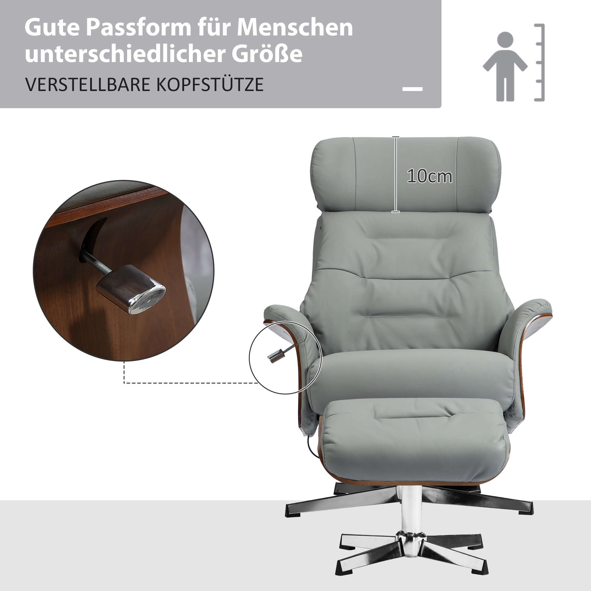 HOMCOM Relaxstoel met Hoker, Ligfunctie, Draaibaar, Lederoptiek, tot 150 kg, Lichtgrijs