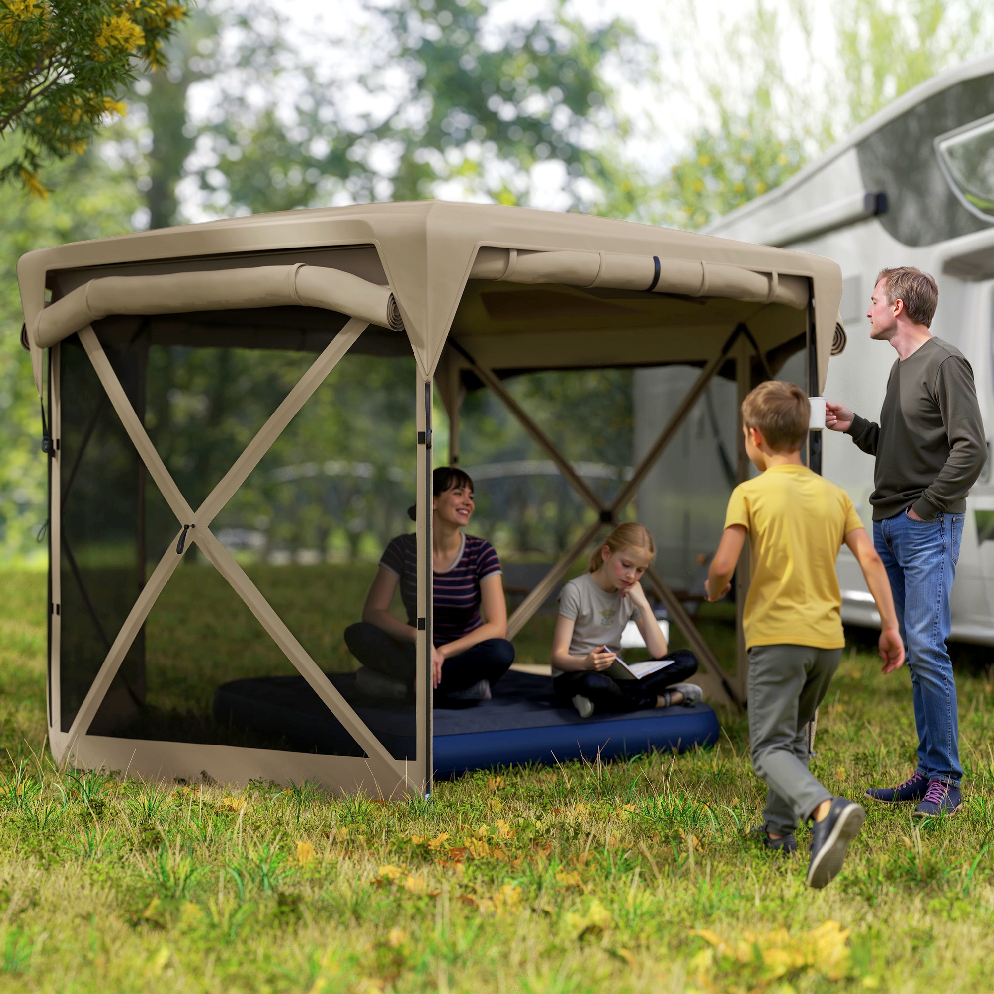 Outsunny 3 x 3,5 Pop-up Tuinpaviljoen met UPF30+ Bescherming, Netwanden, Draagtas, voor Tuinfeesten, Camping, Khaki