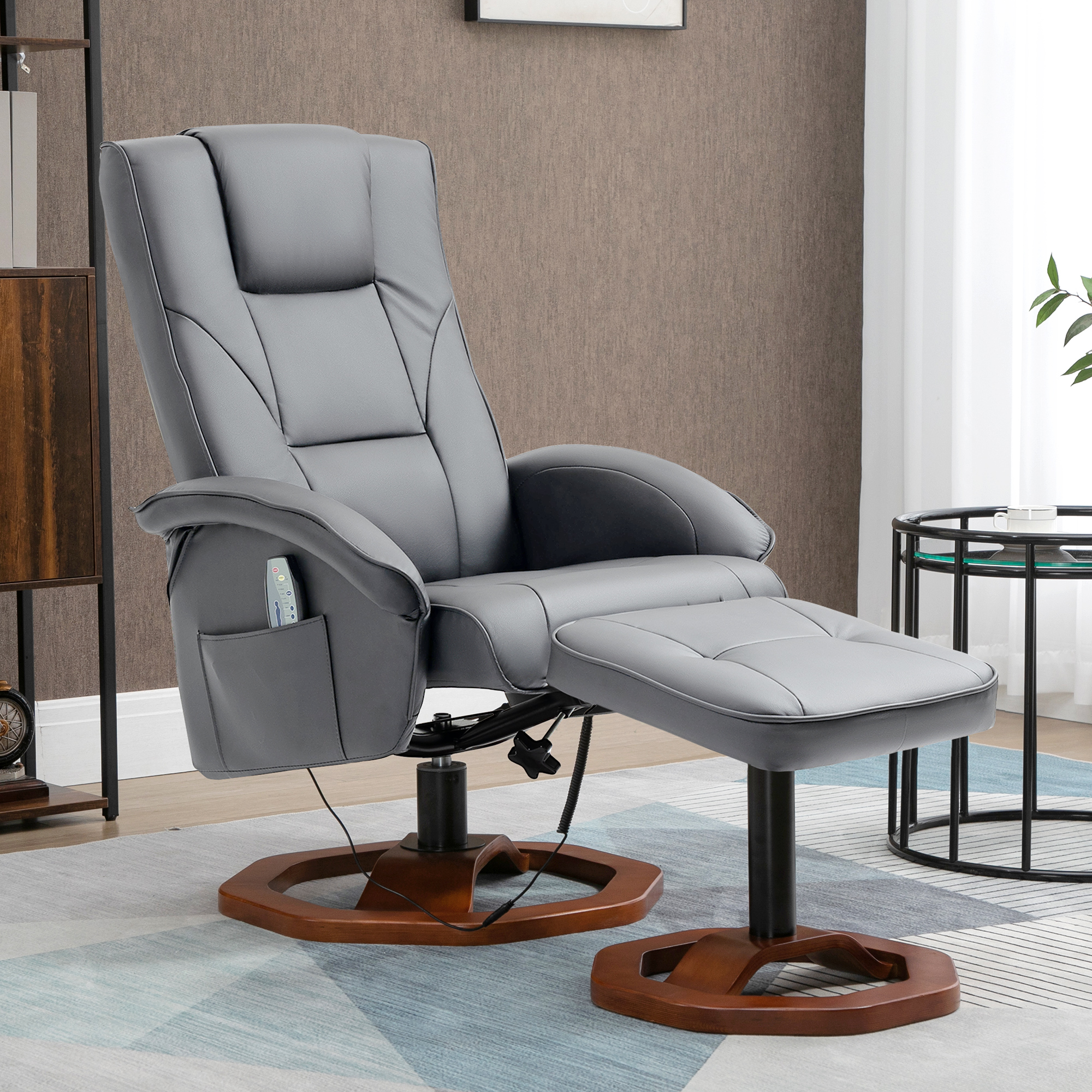 HOMCOM Massagestoel met Voetenbank, Verstelbaar, Afstandsbediening, Draaibaar, Leatherlook, tot 150 kg, Donkergrijs
