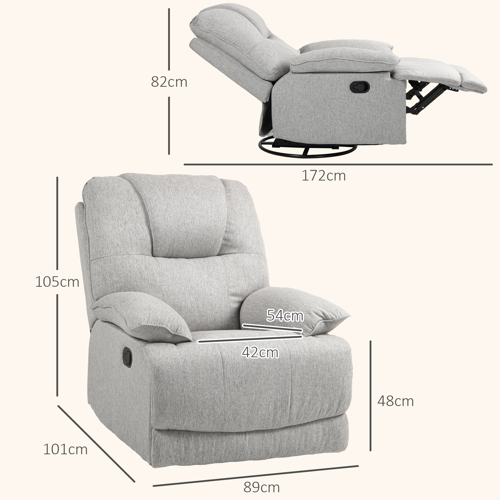 HOMCOM Comfortabele Relaxstoel, Kantelbaar, 89x101x105 cm, Grijs