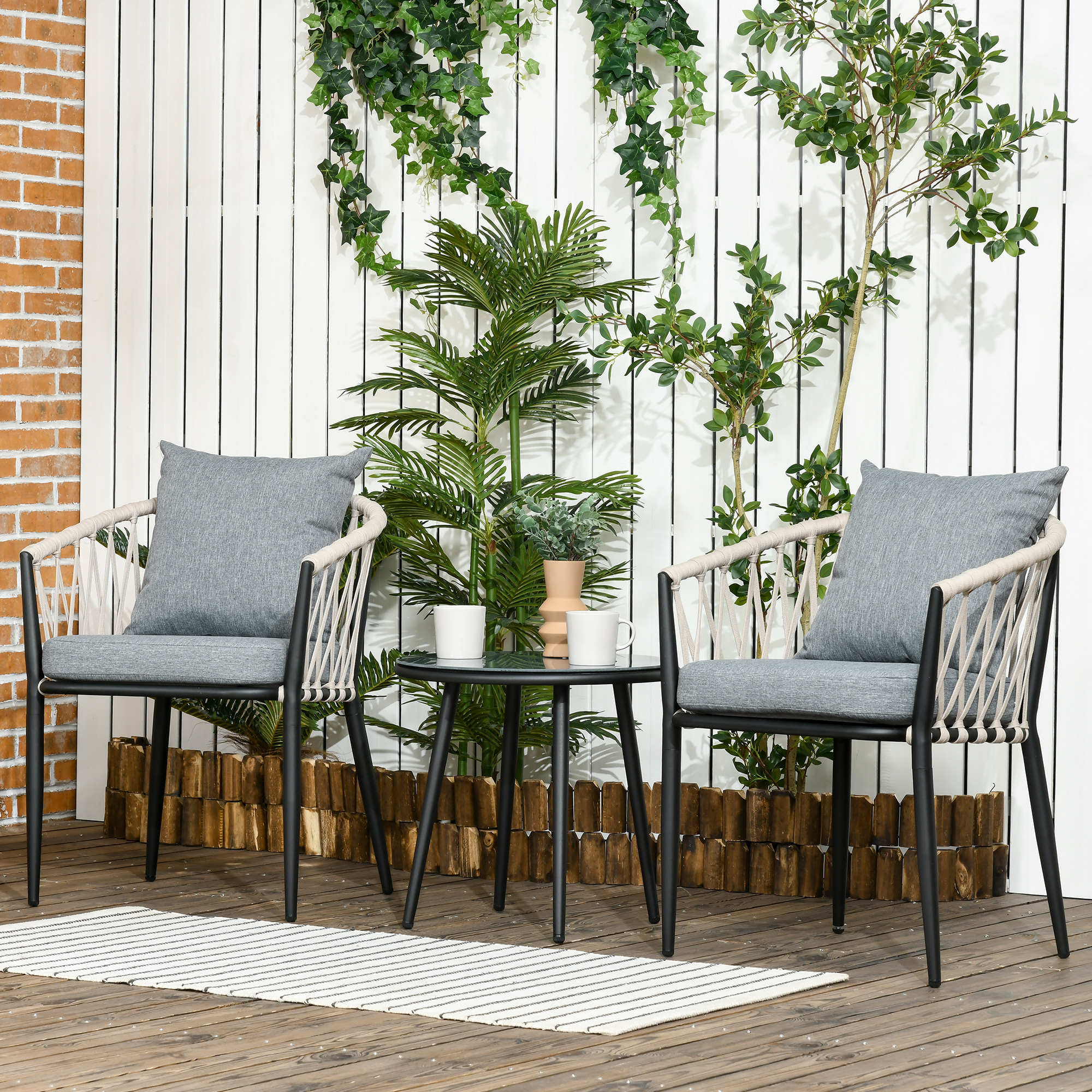 Outsunny 3 delen Tuinmeubelset, balkonset incl. 1 tafel, 2 stoelen staal, grijs