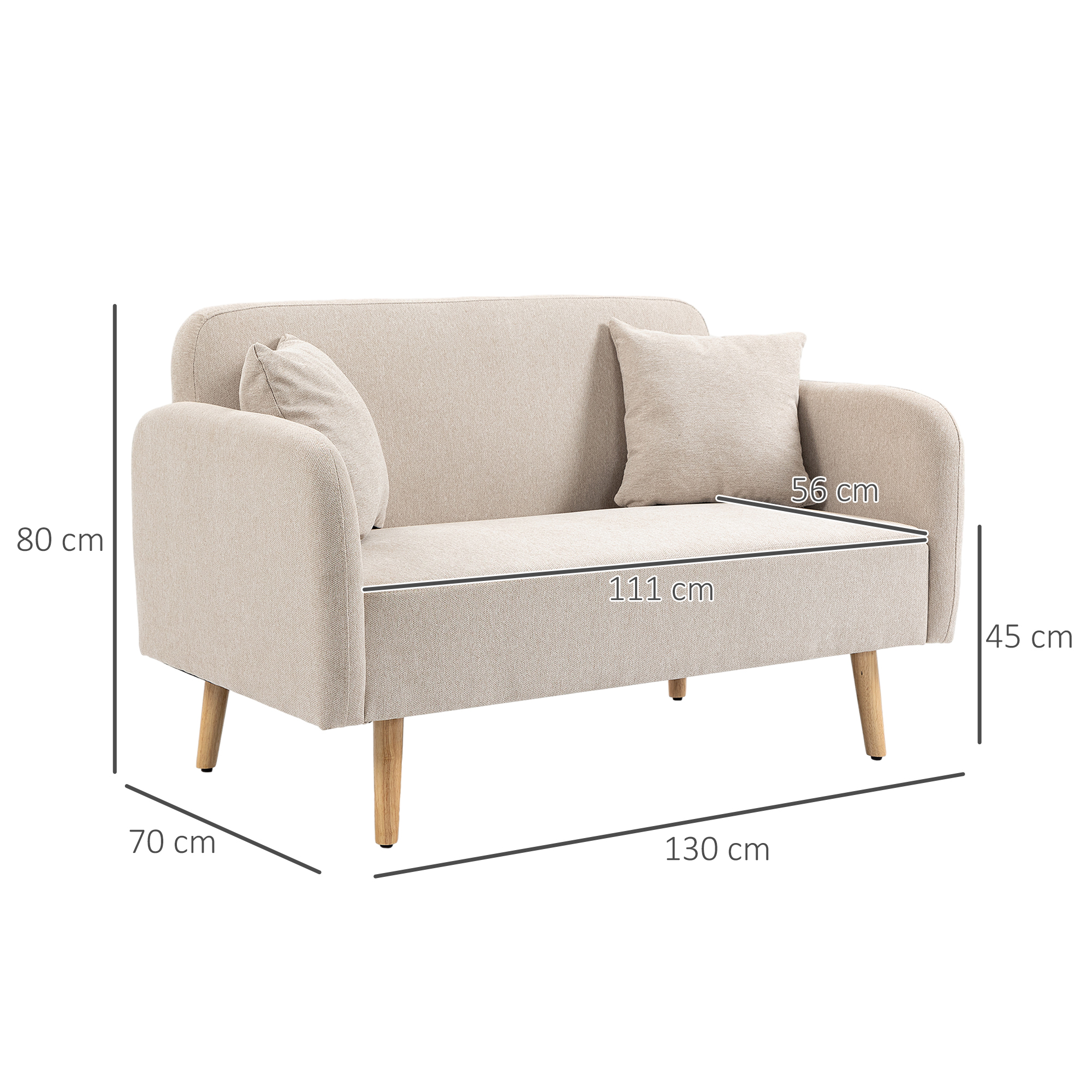 HOMCOM 2-zitsbank, Moderne Design Bank, inclusief 2 kussens, houten poten, 130 x 70 x 80 cm, Crème