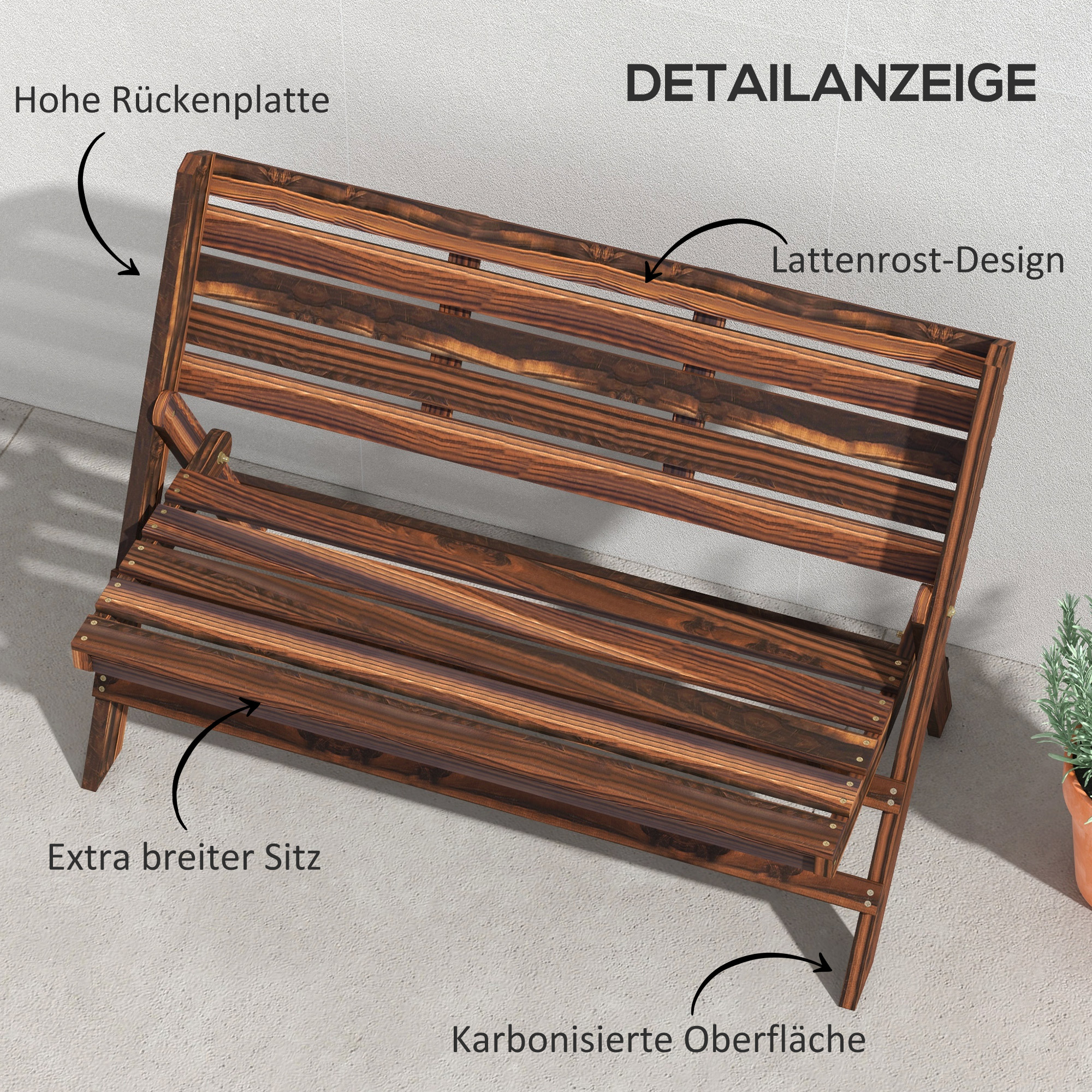 Outsunny Tuinbank voor 2 personen, rustiek ontwerp, inklapbaar, natuurlijk hout, 122 x 63 x 83 cm, gebrande afwerking