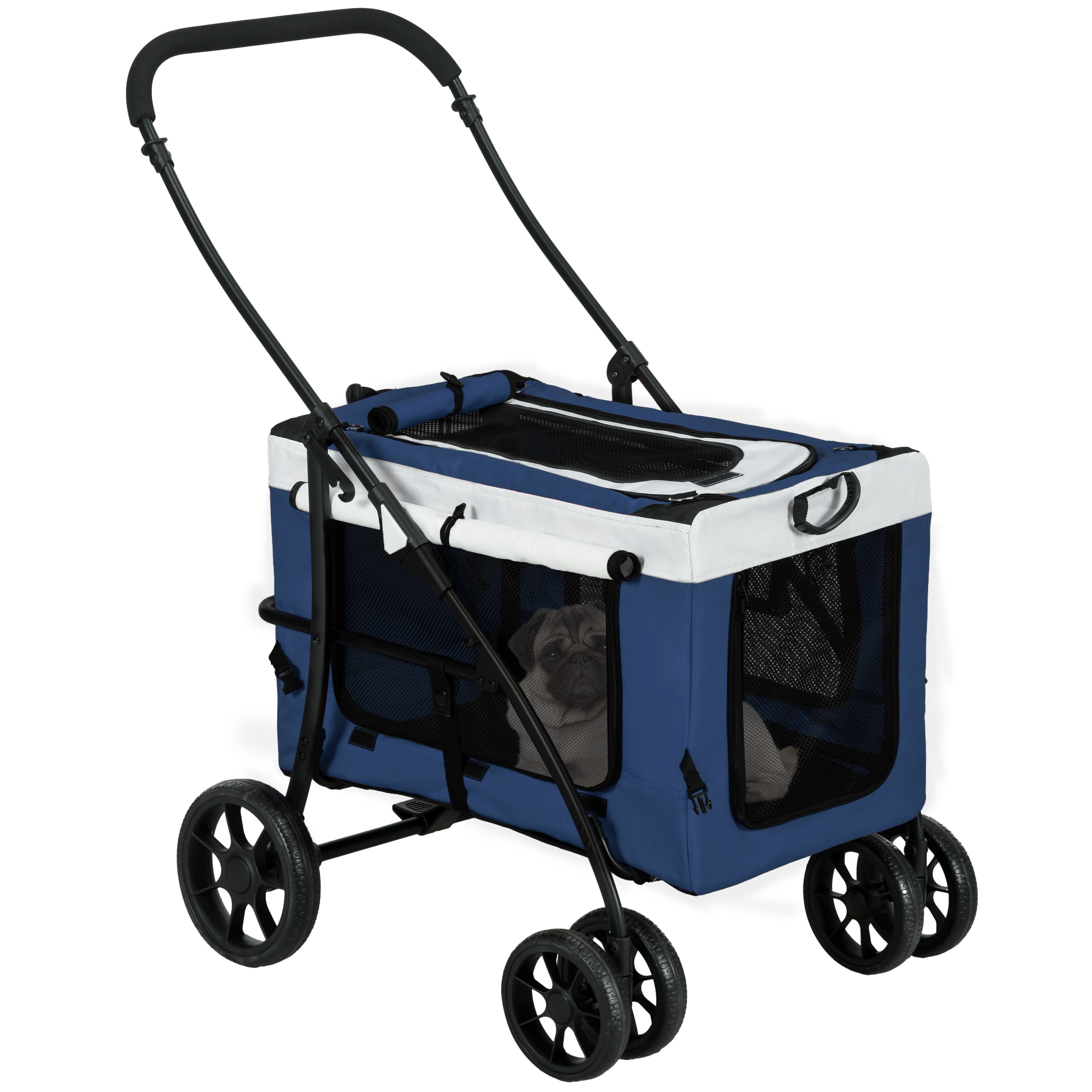 PawHut Hondenbuggy Huisdierbuggy Hondenkar, inklapbaar, afneembare mand, 81 x 58 x 97,5 cm, Zwart + Blauw + Wit
