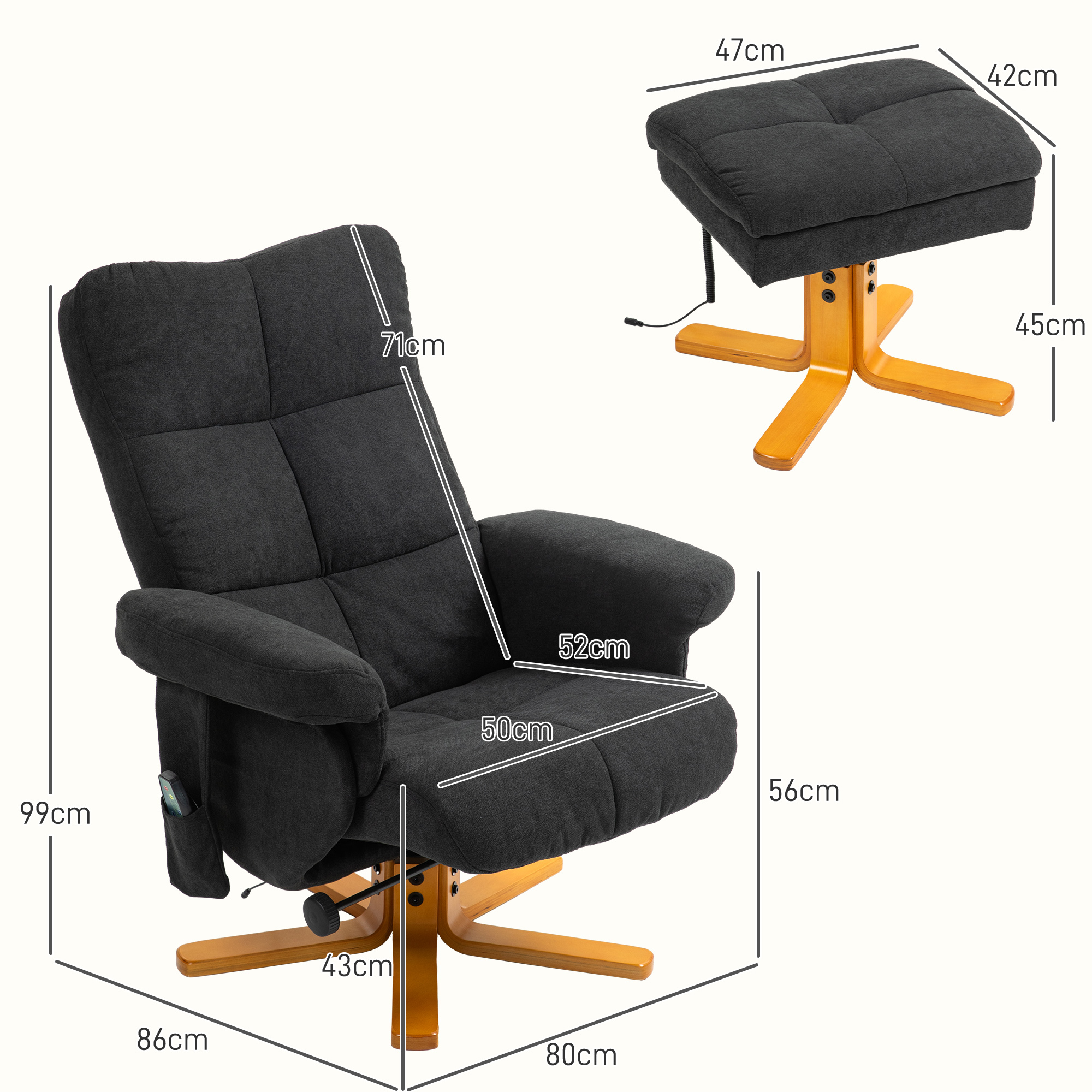 HOMCOM Massagestoel met Ligfunctie en Voetenbankje, 145° Kanteling, Polyester, 80 x 86 x 99 cm, Zwart