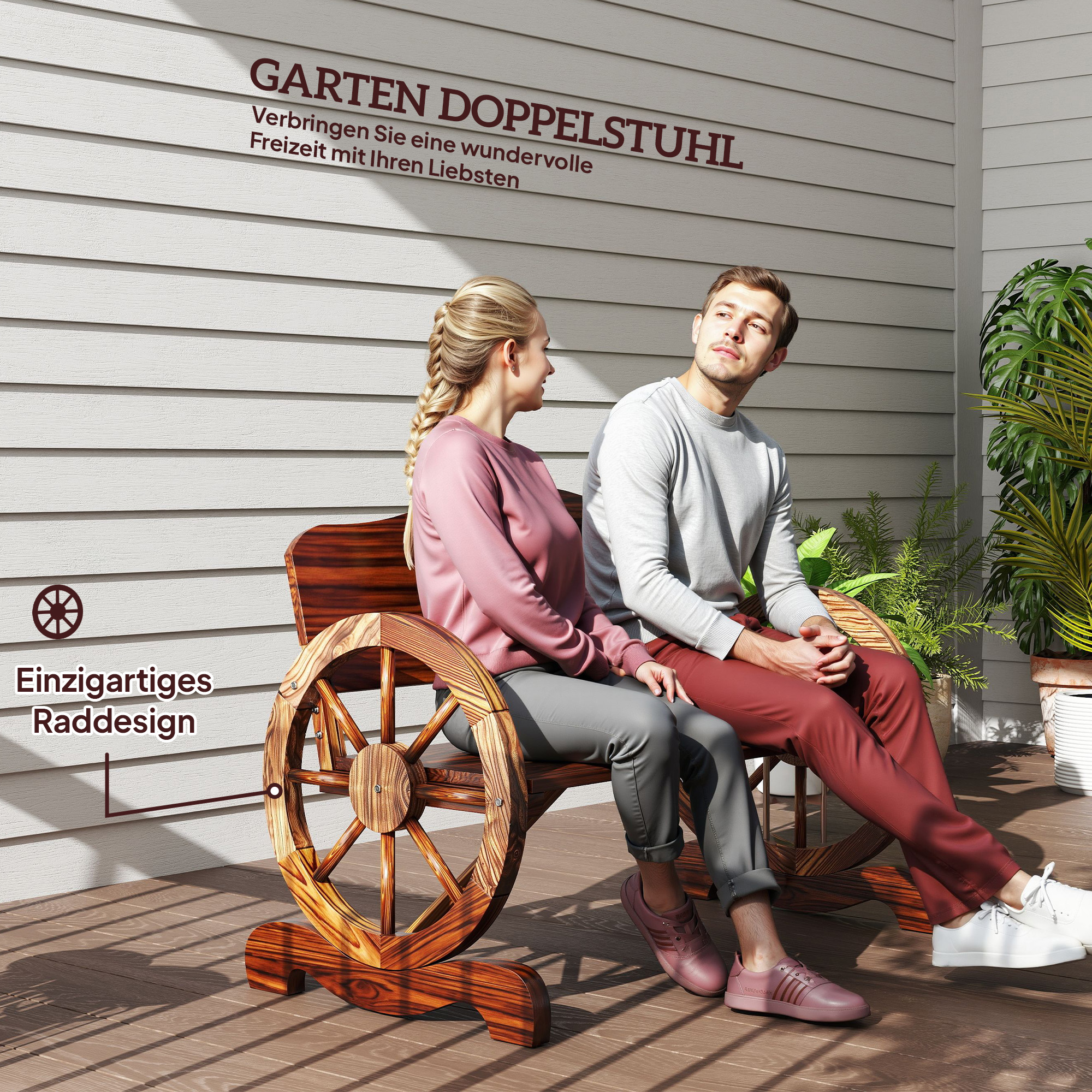 Outsunny 2-Zits Tuinbank met Wiellike Armleuningen, Rustieke Outdoor-Bank voor Terras, Veranda, Vurenhout, Bruin