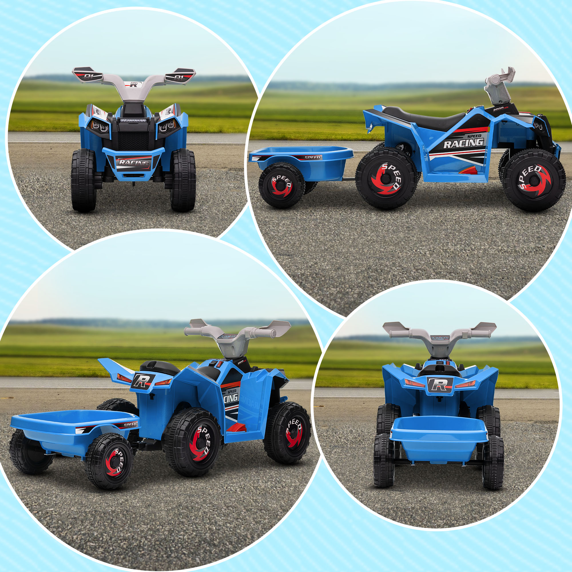 HOMCOM Kinderquad 2,5 km/h met aanhanger 50 minuten rijtijd achteruitversnelling metaal blauw
