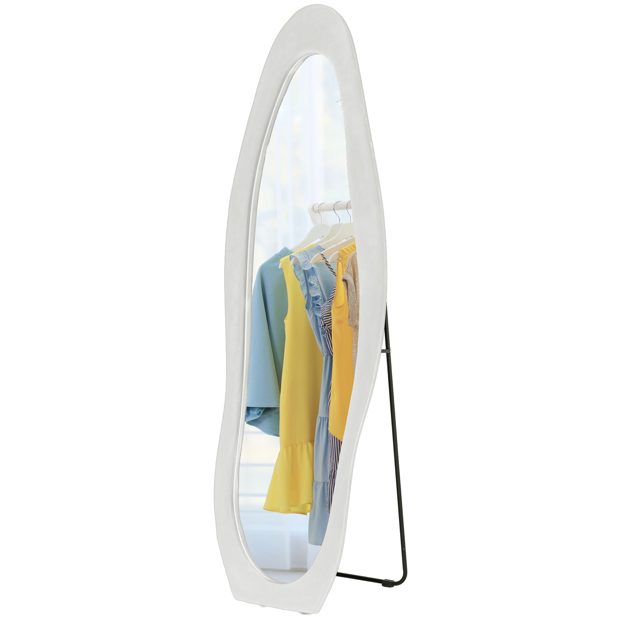 HOMCOM Volledige Lichaamsspiegel, Golvende Vorm, 160 x 50 cm, Vrijstaand, Fluweelachtige Framebekleding, Slaapkamer, Woonkamer, Wit