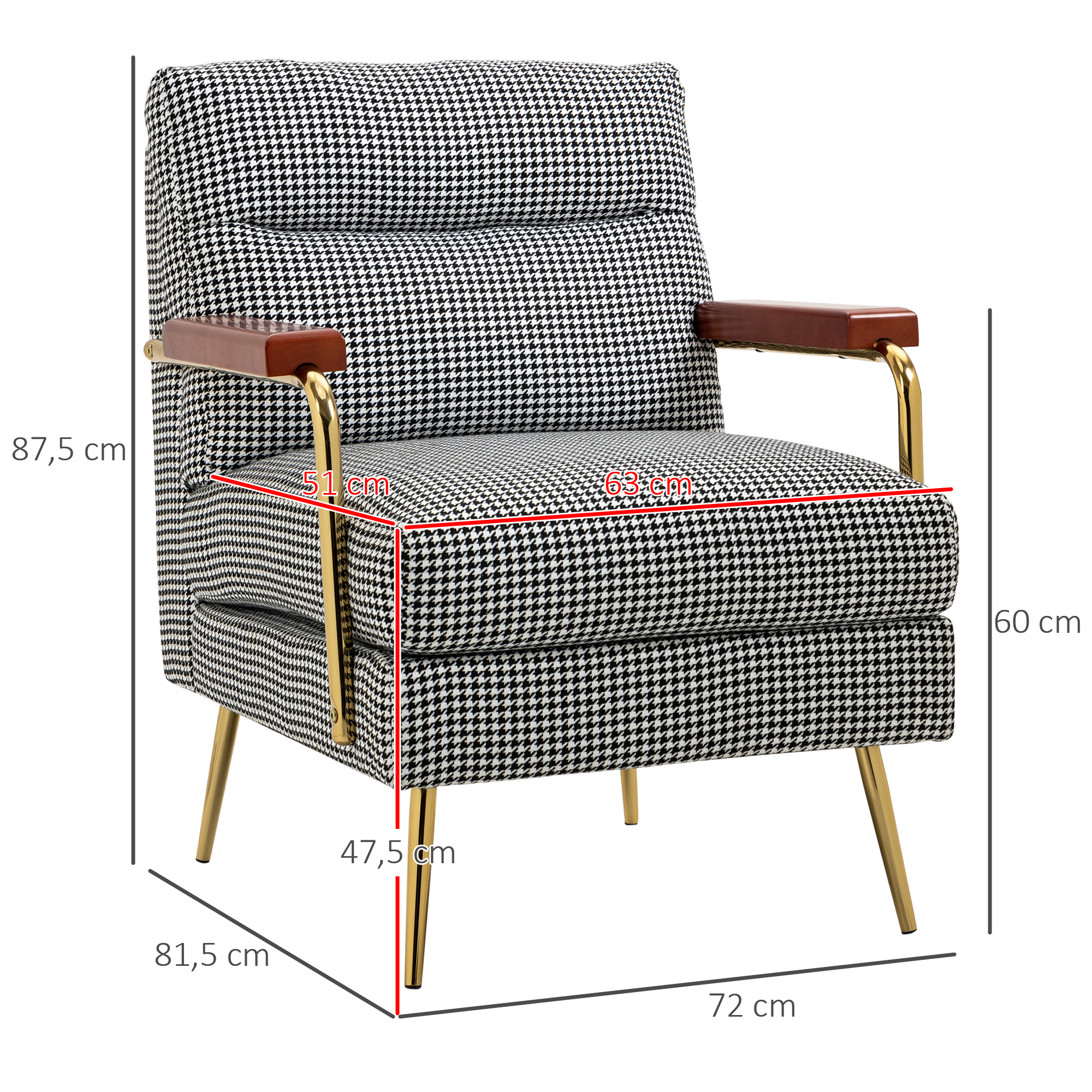 HOMCOM Fauteuil in retrodesign, accentstoel, pied-de-poulepatroon, houten elementen, binnenvering, zwart+wit