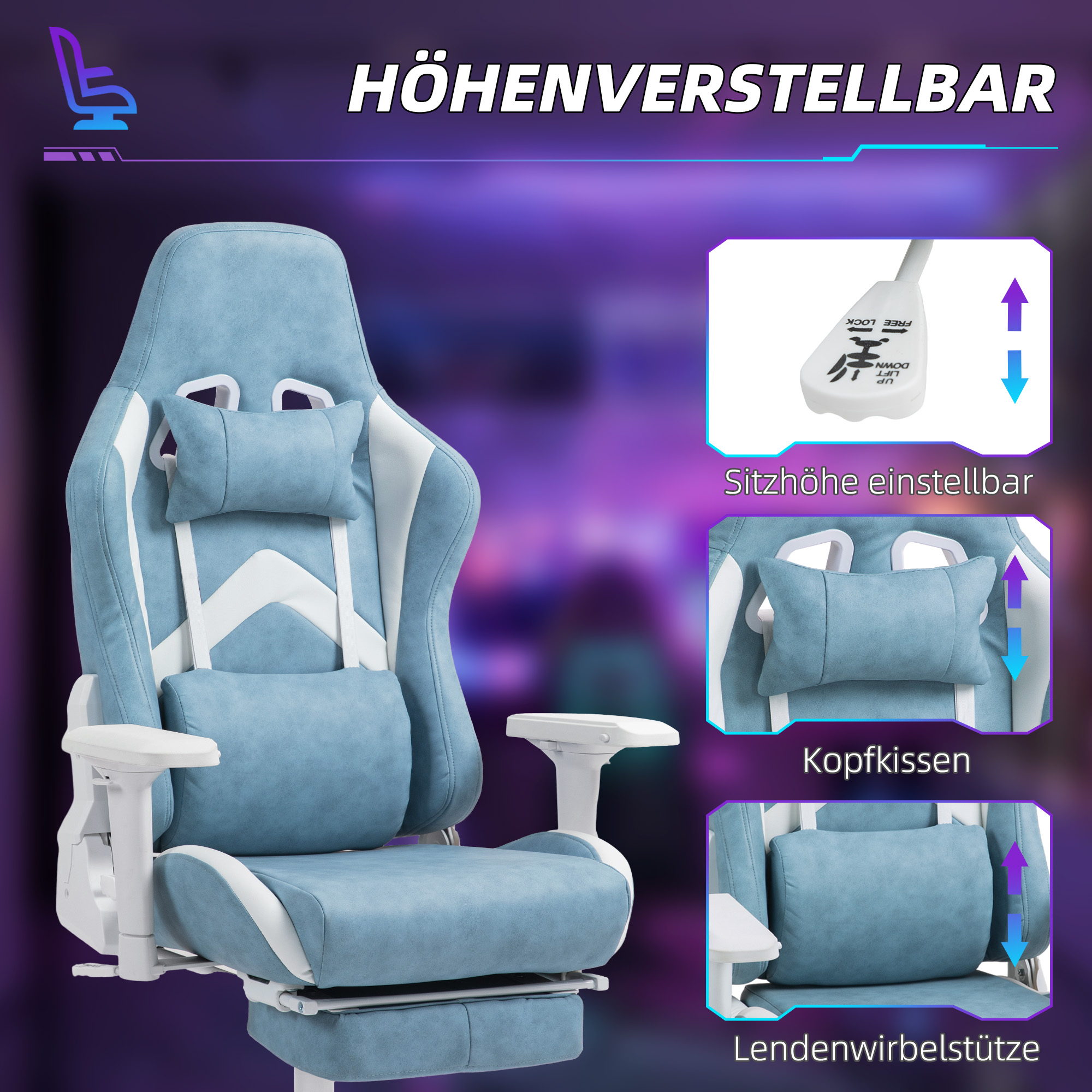HOMCOM Gamingstoel, Verstelbare Armleuningen & Rugleuning, Kunstleren Bekleding, Tot 120 kg, Blauw