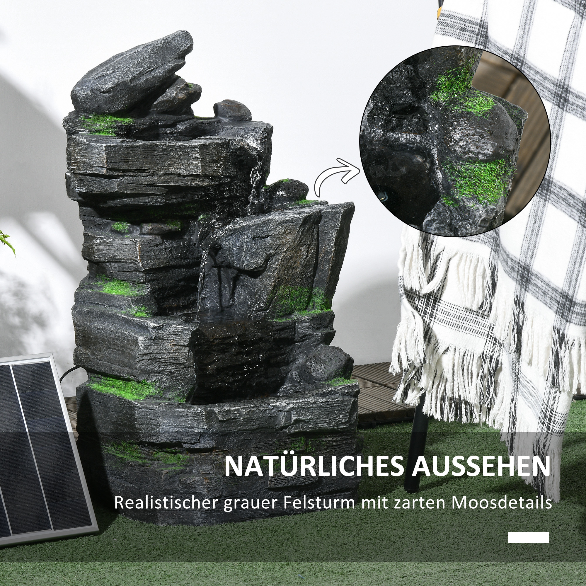 Outsunny Tuinfontein, Steen-look, 4-traps, Zonne-energie, LED's, 57cm Hoogte, Kunstharz, Grijs