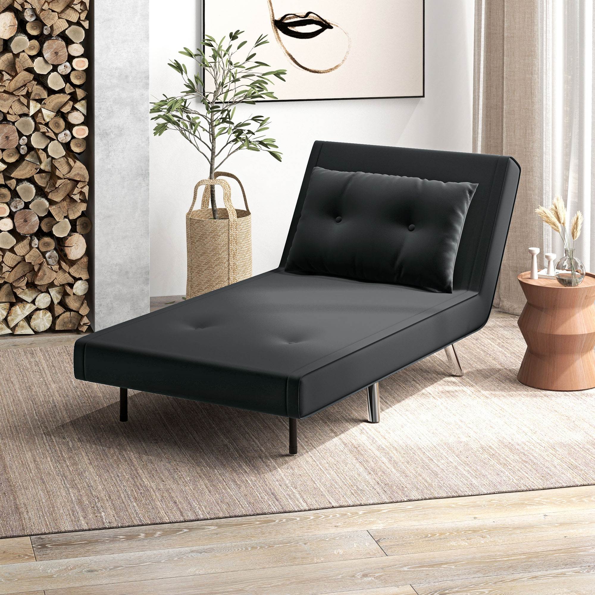 HOMCOM Ligstoel Stoel met Ligfunctie Slaapstoel, Knoophechting, fluweeloptiek, 77 cm x 88 cm x 83 cm, Zwart