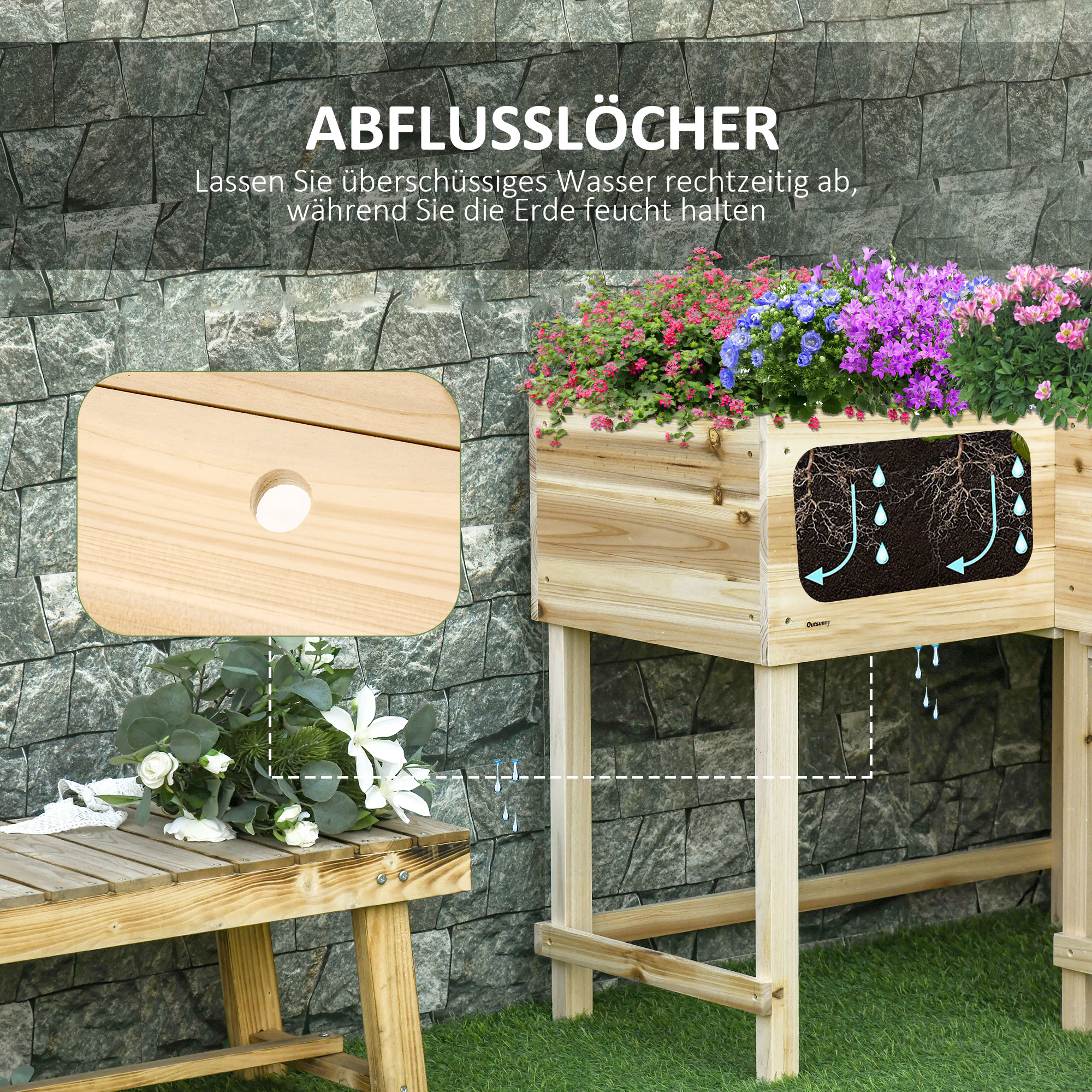 Outsunny verhoogd bed houten plantenbak met irrigatiesysteem vlies bloembak bloempot kruidenbed naturel 121 x 91 x 81 cm