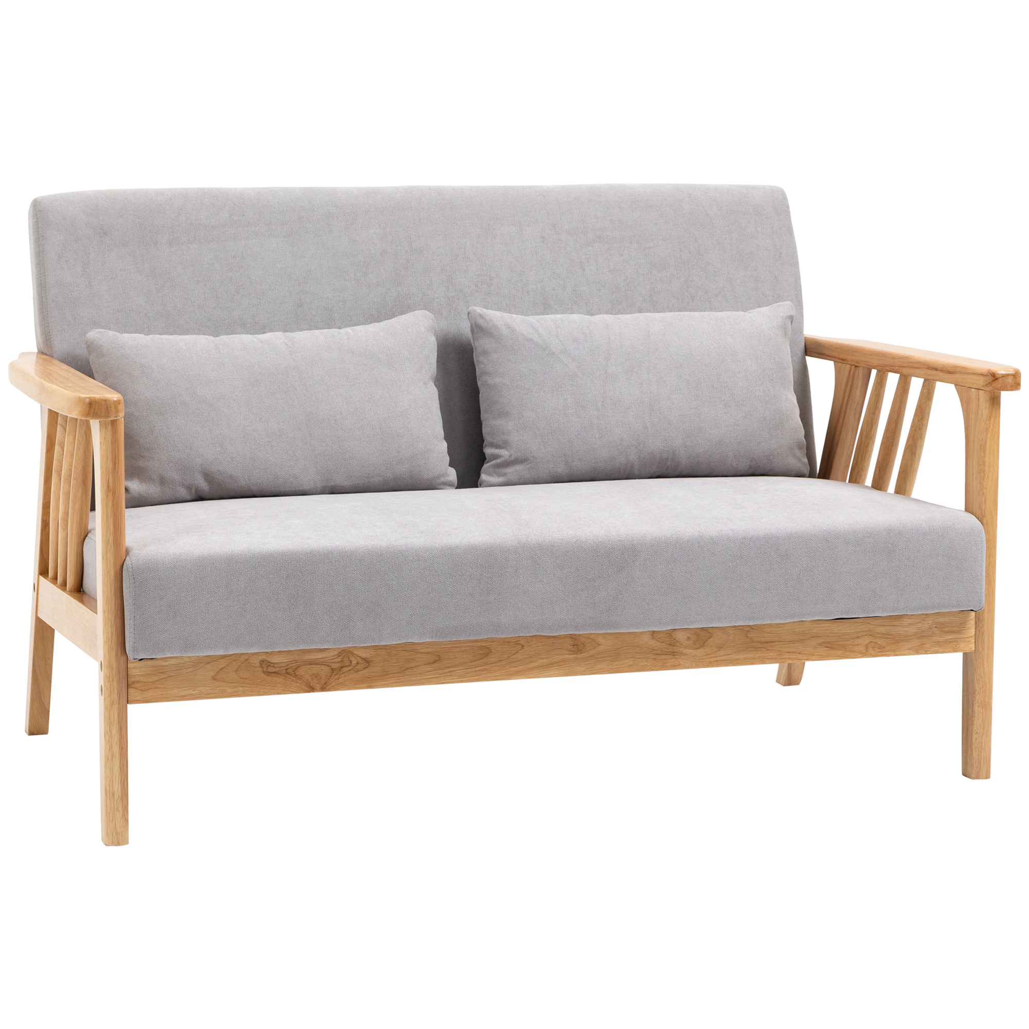 HOMCOM Sofa Relaxbank 2-zitsbank, inclusief 2 kussens, fluweelachtige uitstraling, rubberhout, 130 cm x 75 cm x 78 cm, Grijs + Natuurlijk