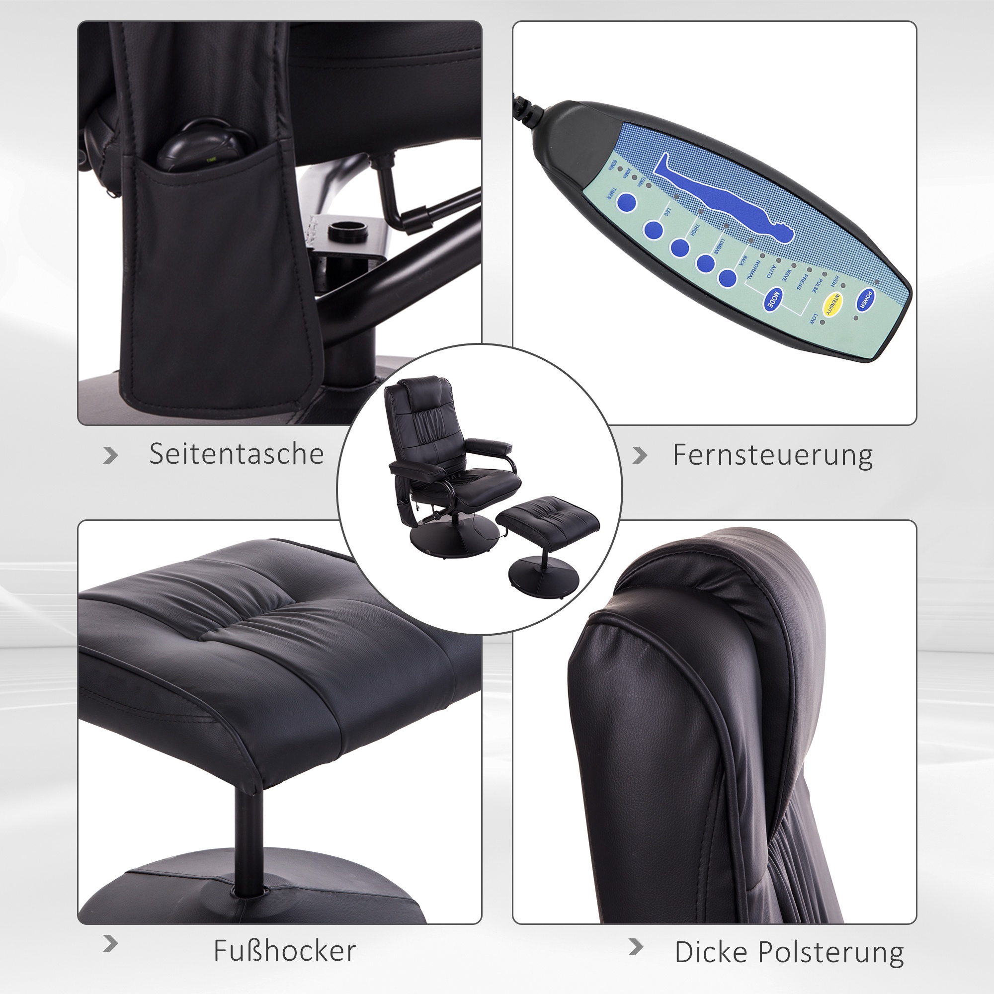 HOMCOM massagestoel relaxstoel tv-stoel stoel met massagefunctie incl. krukje kunstleer zwart 77 x 84 x 95 cm