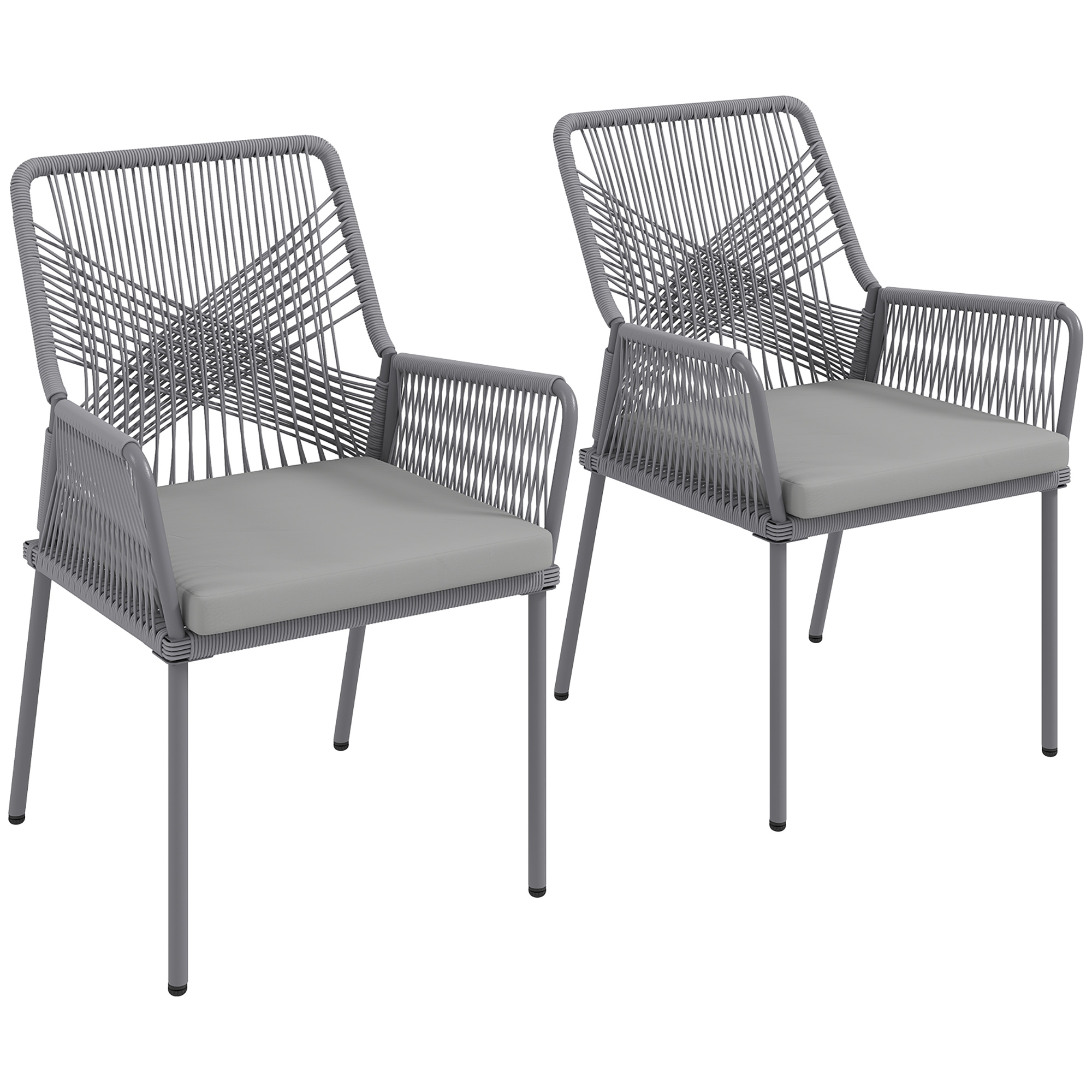 Outsunny Set van 2 Tuinstoelen, Terrasstoelen met Wasbare Kussens, Rug- en Armleuningen, Staal, Rattan, Donkergrijs