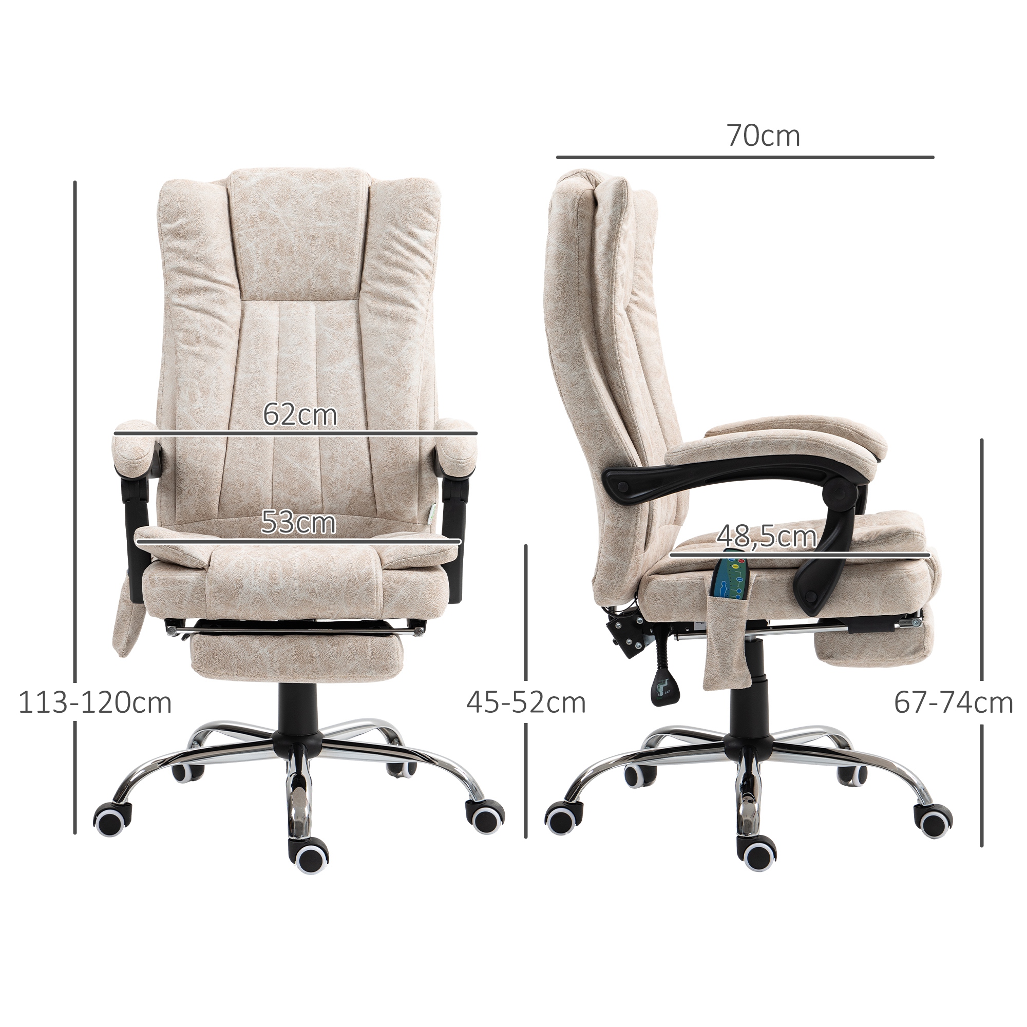 Vinsetto Bureaustoel met Massagefunctie, Ergonomische Schreibtischstoel met Ligfunctie, Verwarmingsfunctie en Zijzak, Crèmewit