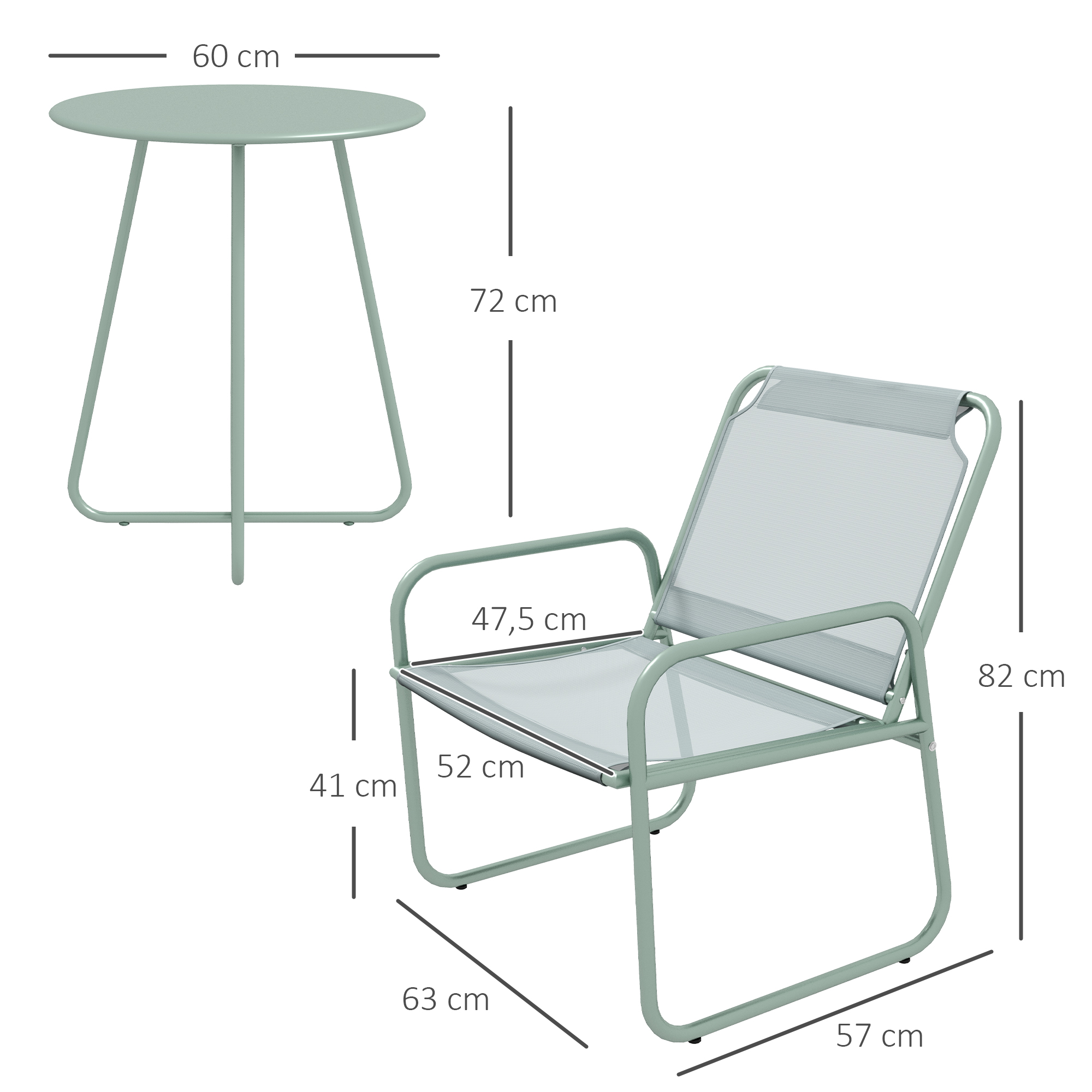 Outsunny 3-delige tuinmeubelset, 2 stoelen met ademende stoffen bekleding, 1 ronde tafel Ø60 cm, Groen