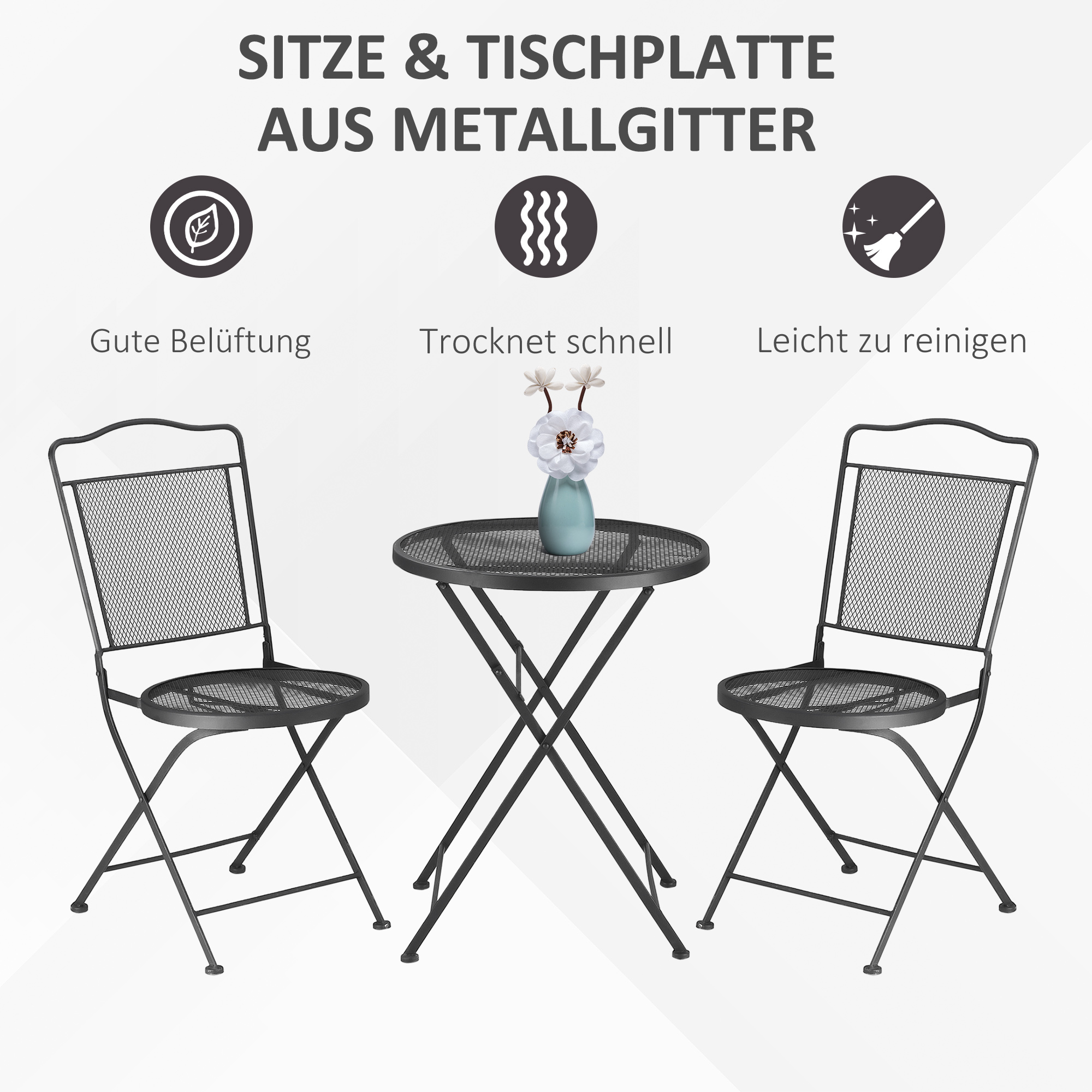 Outsunny zitgroep, 3-delige eetset, bistroset, tuinmeubelset, balkonmeubelset, 1 tafel + 2 stoelen met parasolgat, terras, metaal, zwart