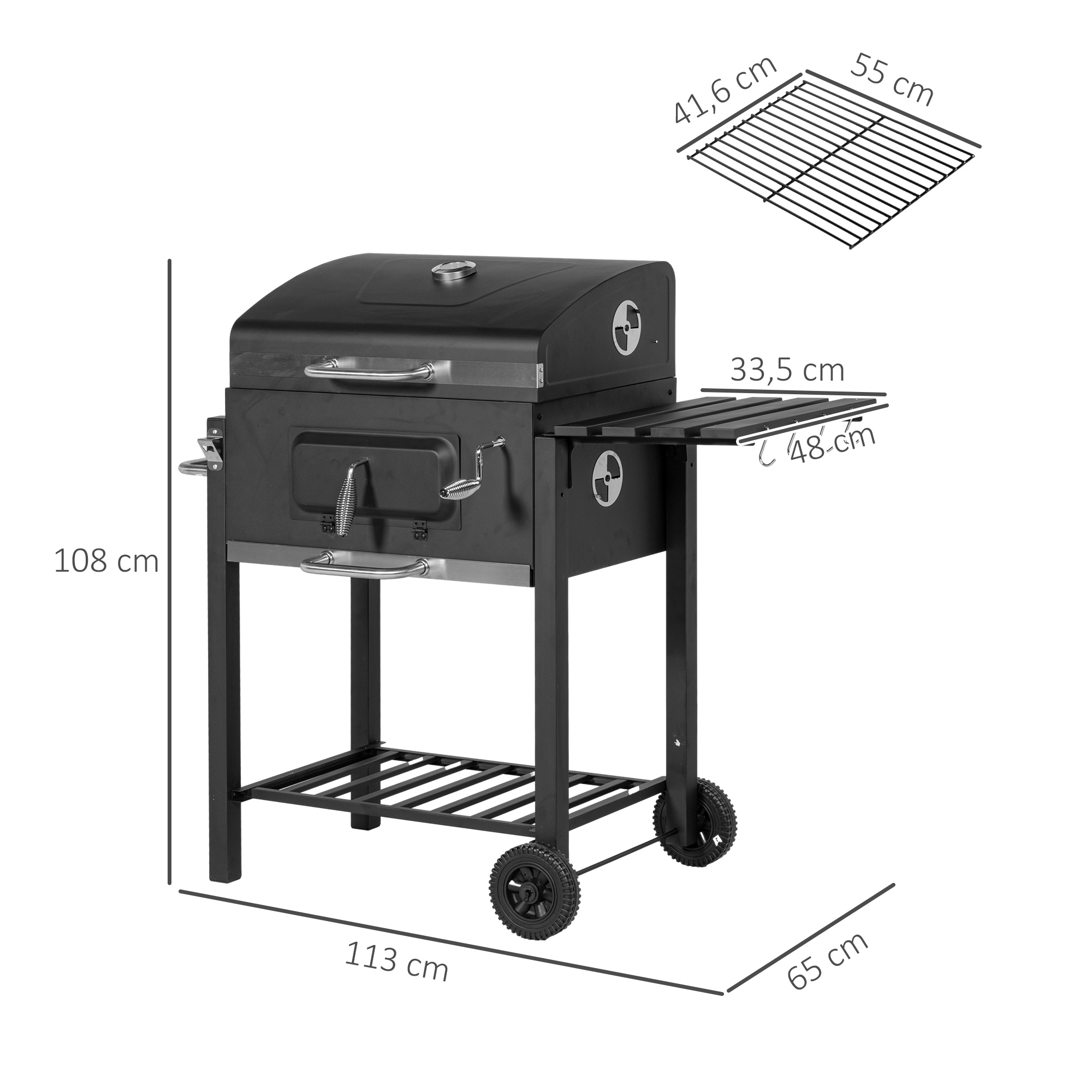 Outsunny Houtskoolbarbecue Smoker BBQ-Smoker, 1 Opbergruimte, 1 Handdoekhouder, 2 Grillroosters, 113 cm x 65 cm x 108 cm, Zwart