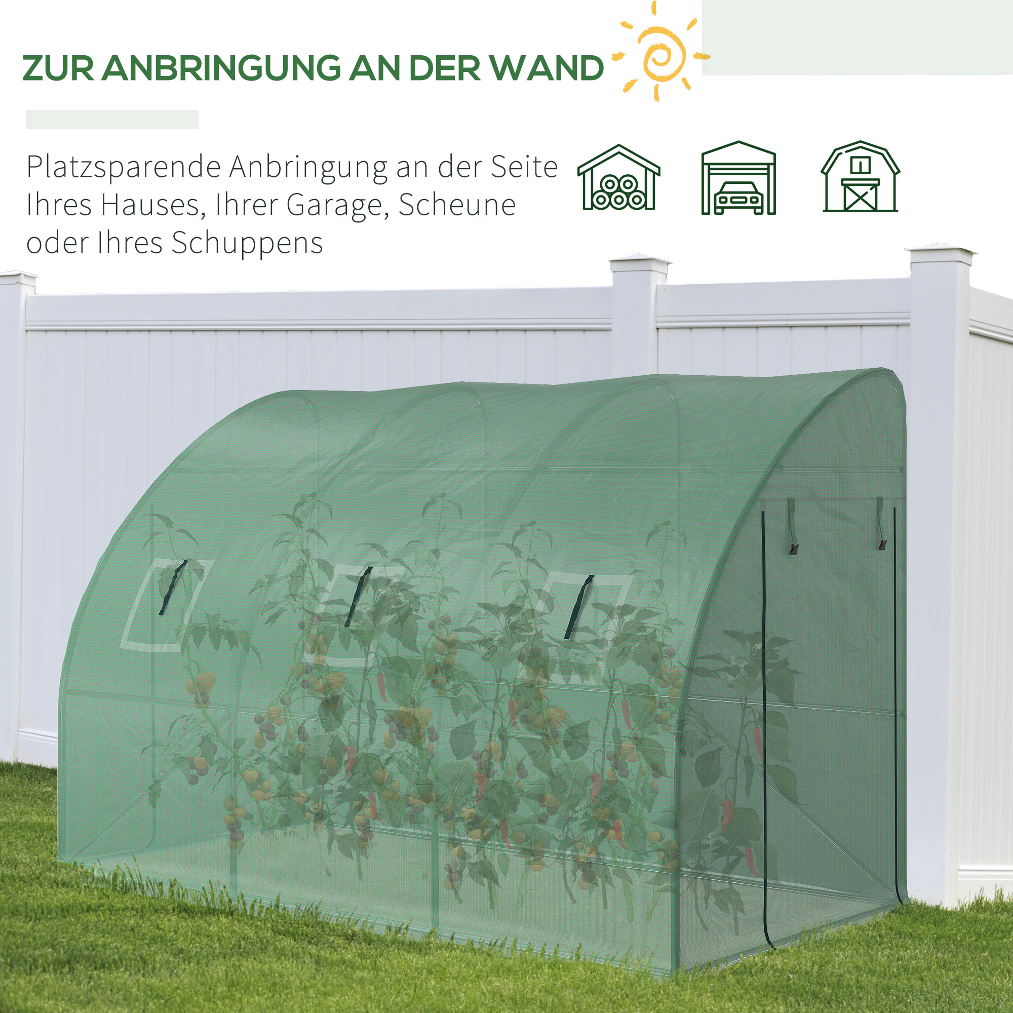 Outsunny foliekas, tomatenkas met gaasvenster, kas met roldeuren, kwekerij met UV-bescherming, groen, 300 x 150 x 197 cm