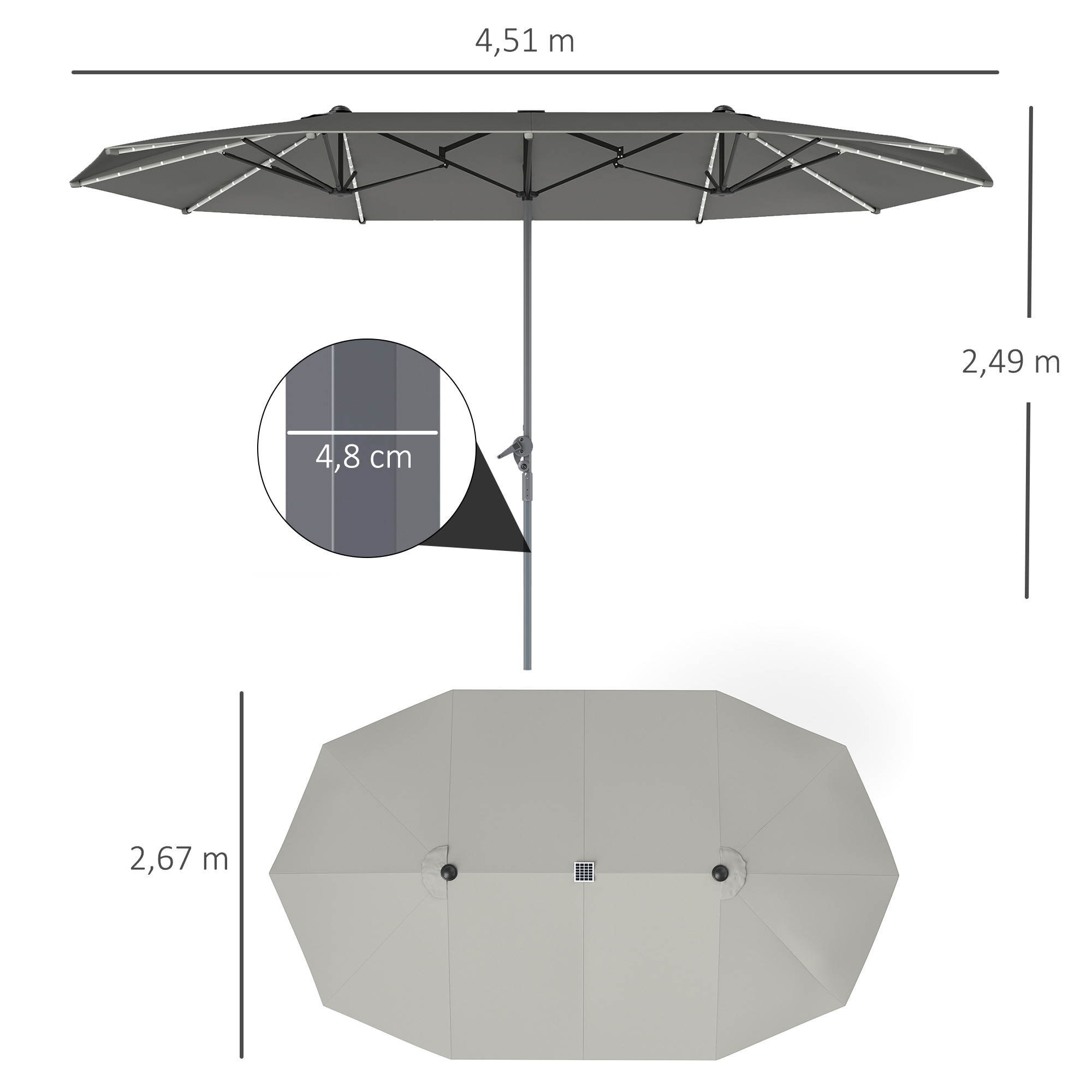 Outsunny Dubbele Parasol met Zonne-energie Verlichting, Aluminium, Polyester, UPF50+ Bescherming, UV-bestendig, Terras Parasol, Donkergrijs