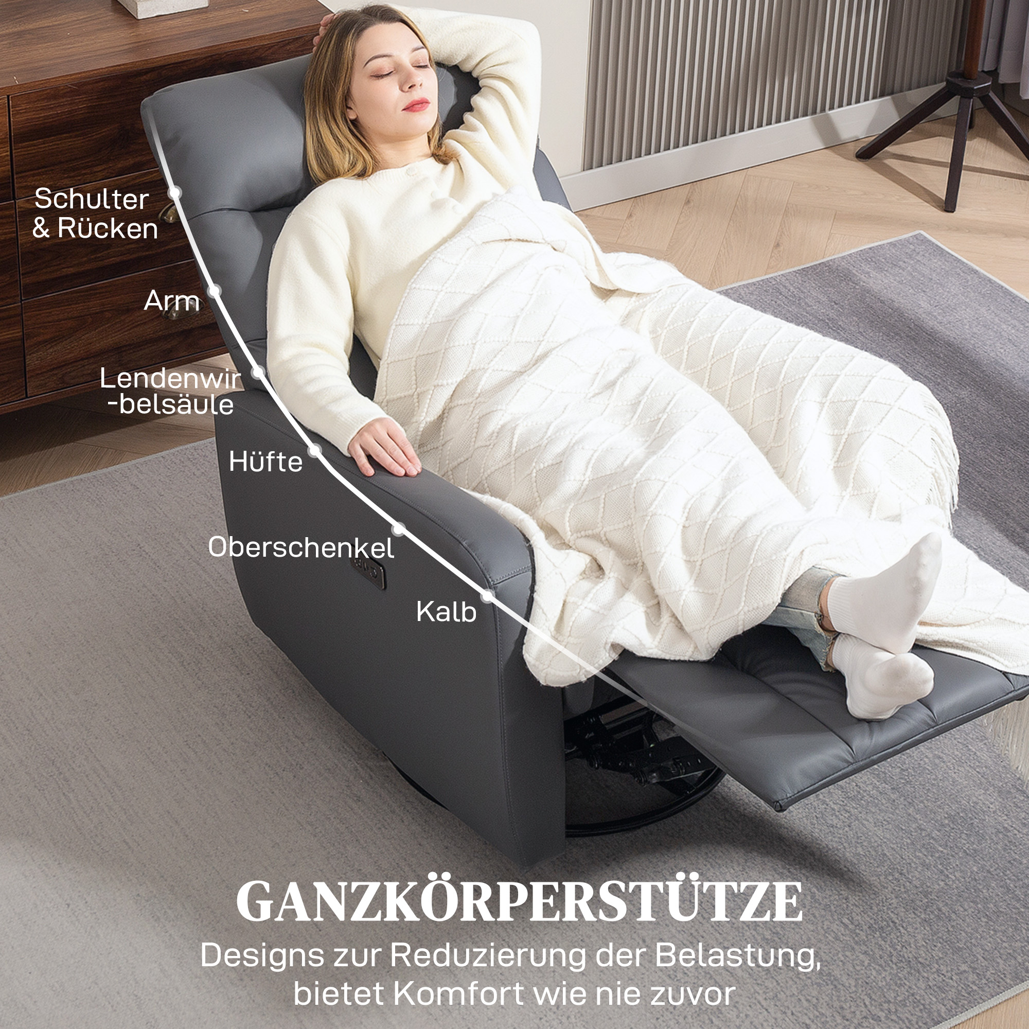HOMCOM Relaxfauteuil, Gestoffeerde Stoel met Ligfunctie, Afstandsbediening, USB-aansluiting, Grijs