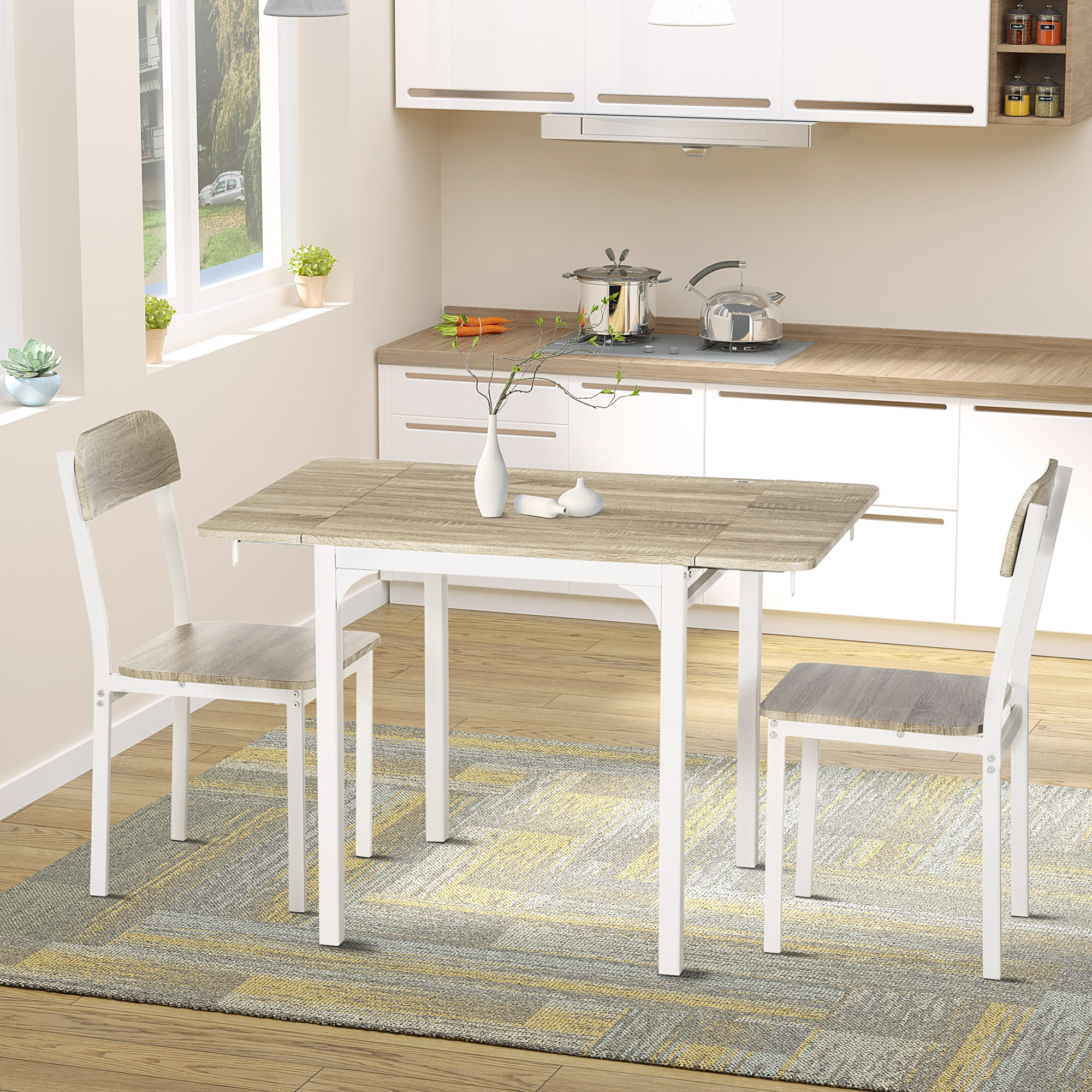 HOMCOM 3-delige Eetkamerset, Klaptafel met 2 Stoelen, 110 cm x 70 cm x 75 cm, Wit + Natuur