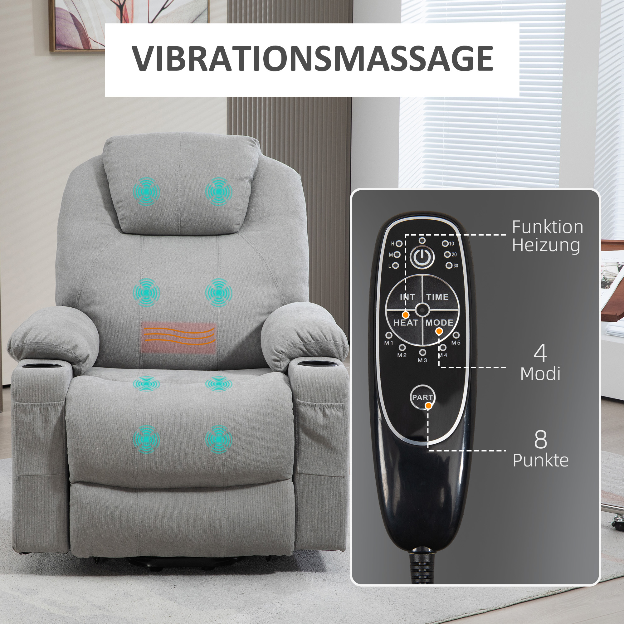 HOMCOM Massagestoel met Opsta-hulp voor Senioren, 8 Vibratiepunten, 2 Zijzakken, Drankhouder, 90 x 101 x 107 cm, Grijs
