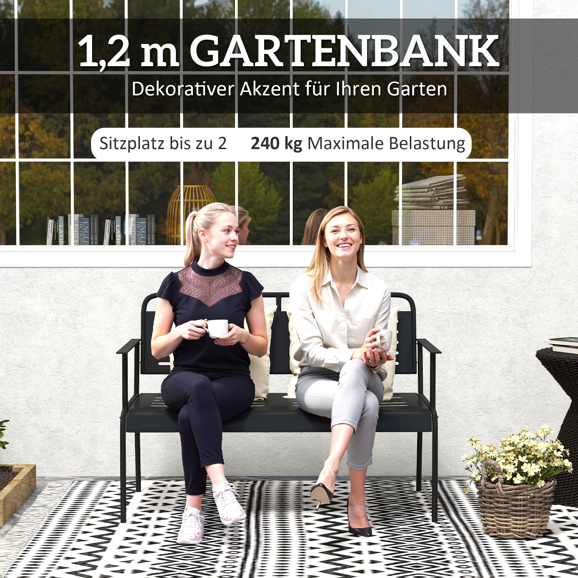 Outsunny 2-Persoons Weerbestendige Tuinbank, Waterbestendige Tuinmeubels met Rug- & Armleuningen 121 x 64 x 84cm, Zwart