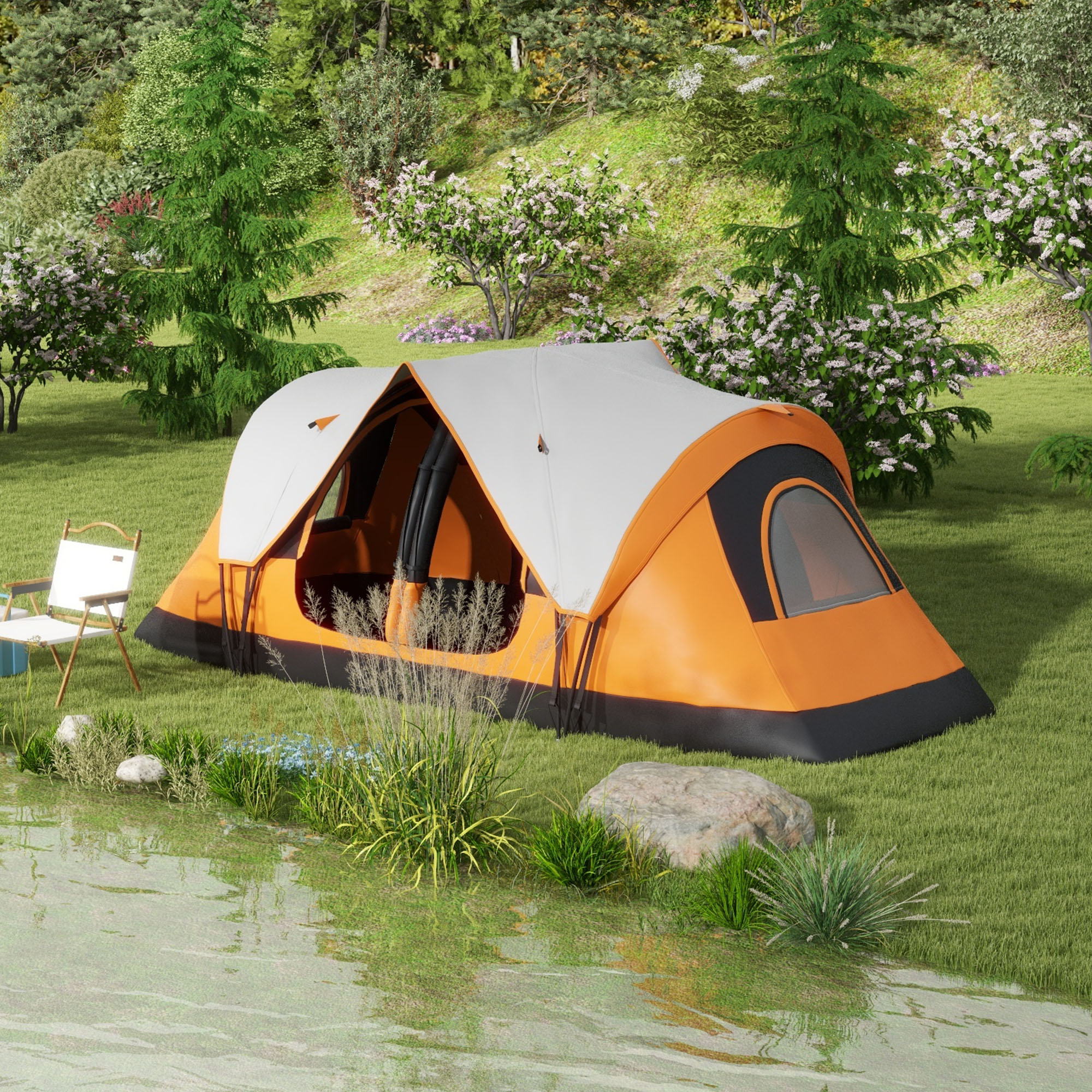 Outsunny Campingtent, Dubbele Kamer, Scheidingswand, Geschikt voor 8 Personen, Met Regenbescherming, Oranje