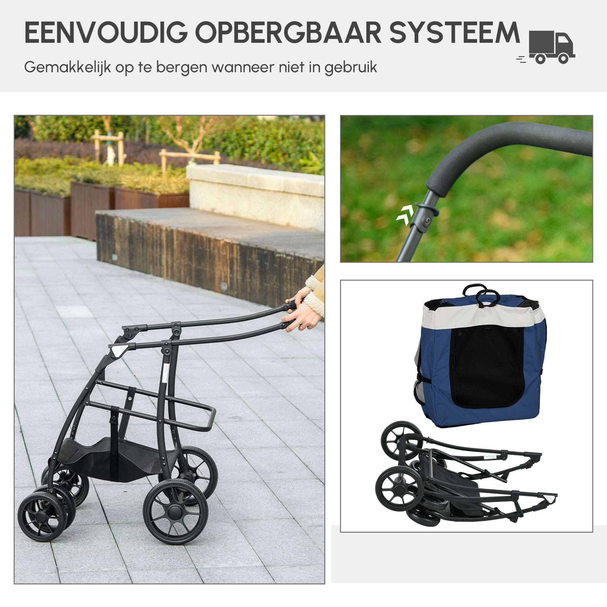 PawHut Hondenbuggy Huisdierbuggy Hondenkar, inklapbaar, afneembare mand, 81 x 58 x 97,5 cm, Zwart + Blauw + Wit