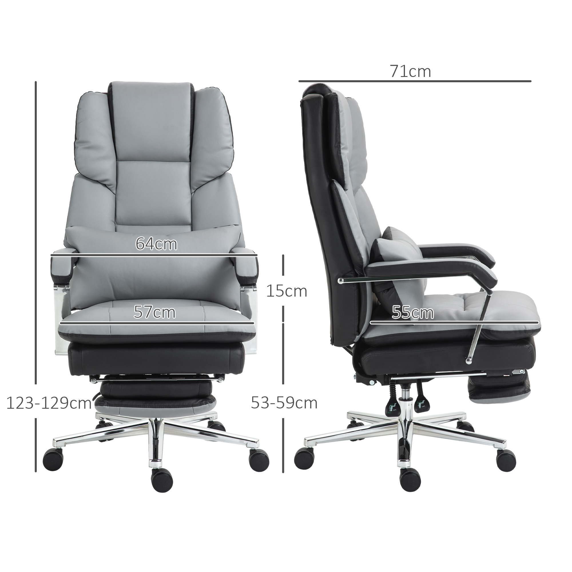 HOMCOM Ergonomische Verstelbare Bureaustoel, 63x71x123-129cm, Lichtgrijs/Zwart