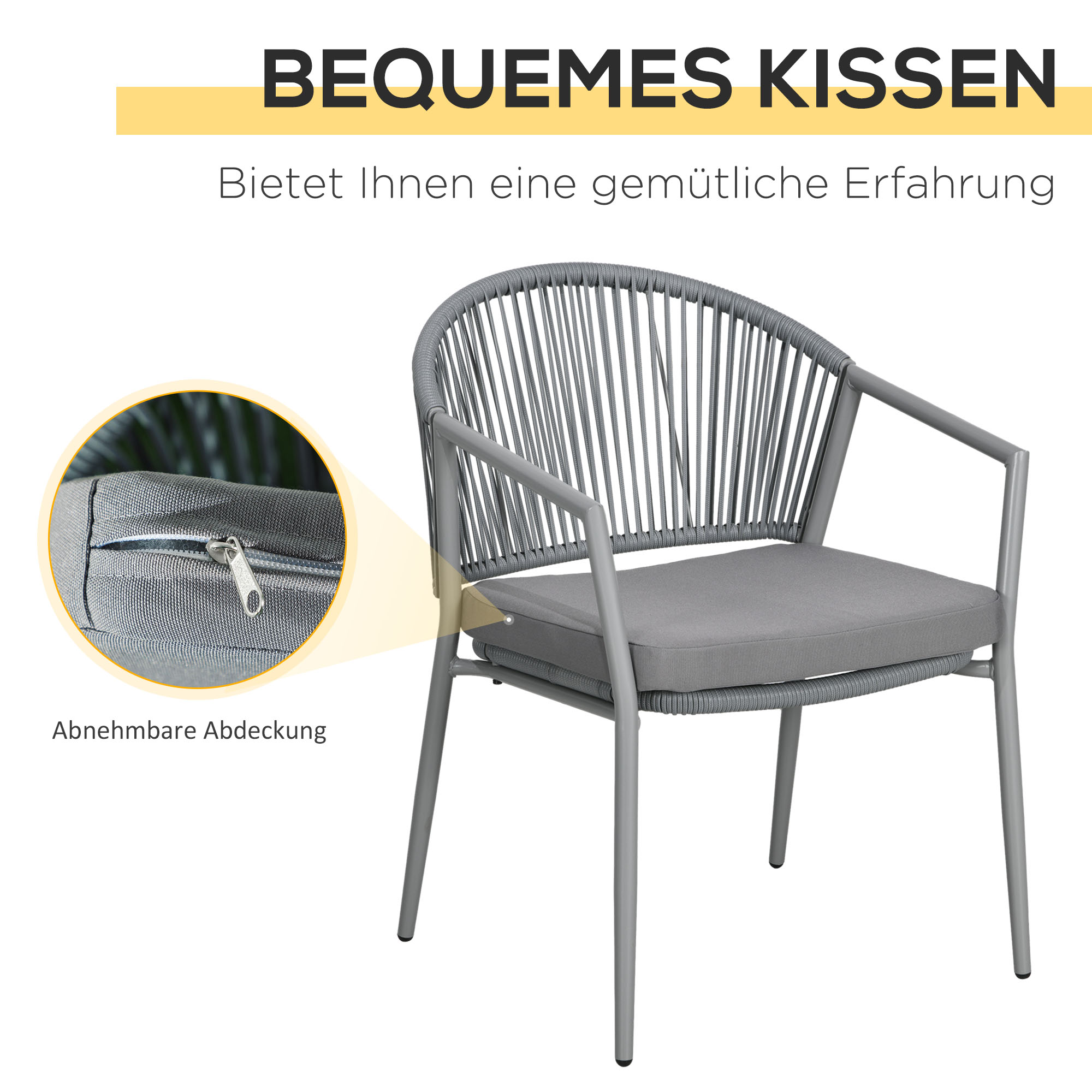 Outsunny Tuinset, 2 Stoelen & 1 Tafel met Glazen Blad, Rattan look, weerbestendig, Metalen frame, Grijs