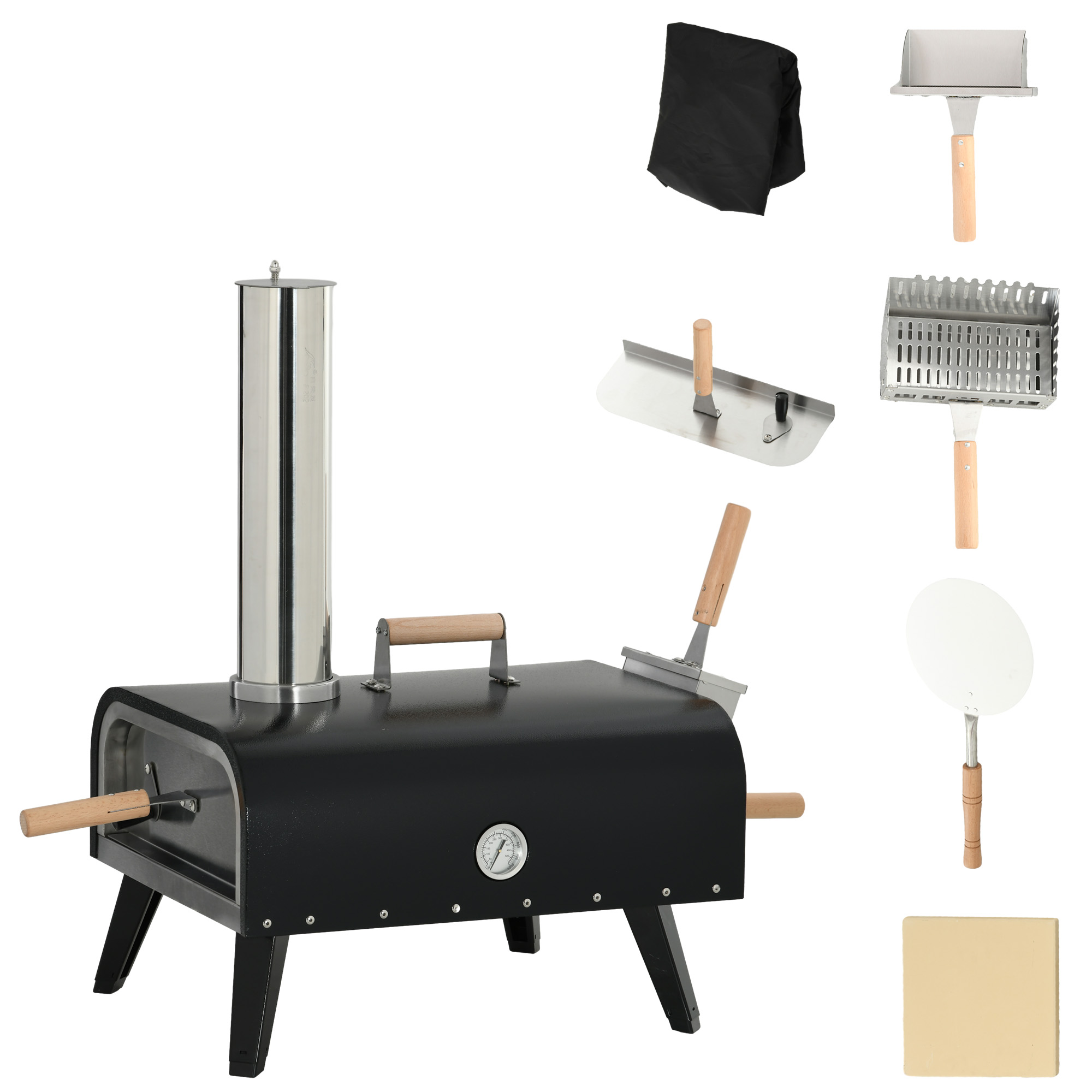 Outsunny Pizzaoven Pizza Houtoven, 1 Pizzaschep, 1 Pizzasteen, 81 x 40 x 72 cm, Zwart + Natuur