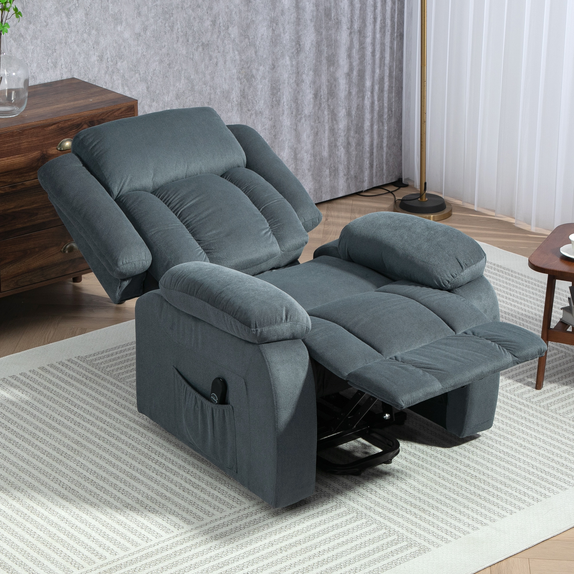 HOMCOM Opstaanstoel met Zachte Bekleding, Relaxstoel met Afstandsbediening en Zijvakken, Grijs