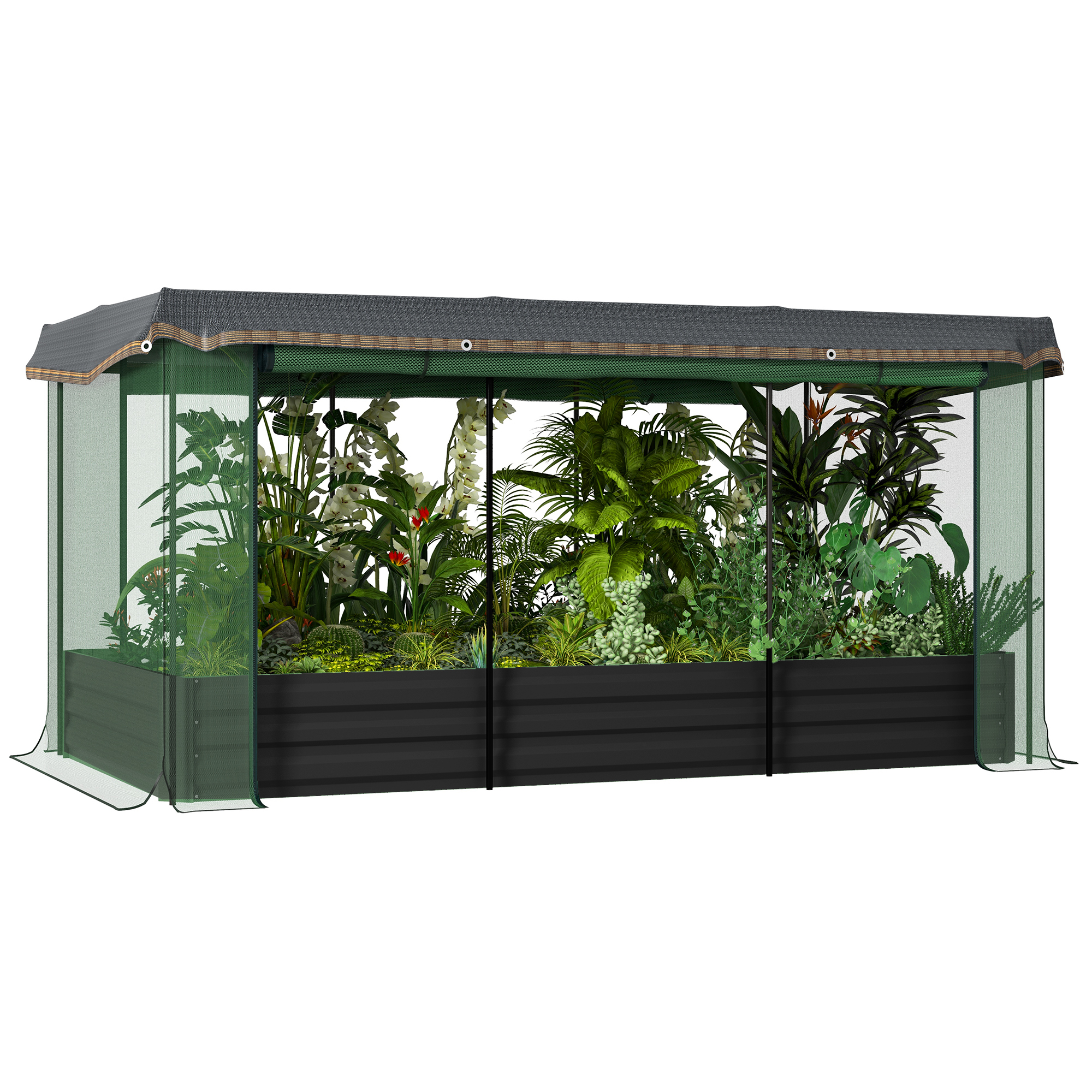 Outsunny Hoge plantenbak met vogelnet en zonnescherm, metalen behuizing, 230x110x110 cm, Grijs/Groen/Zwart