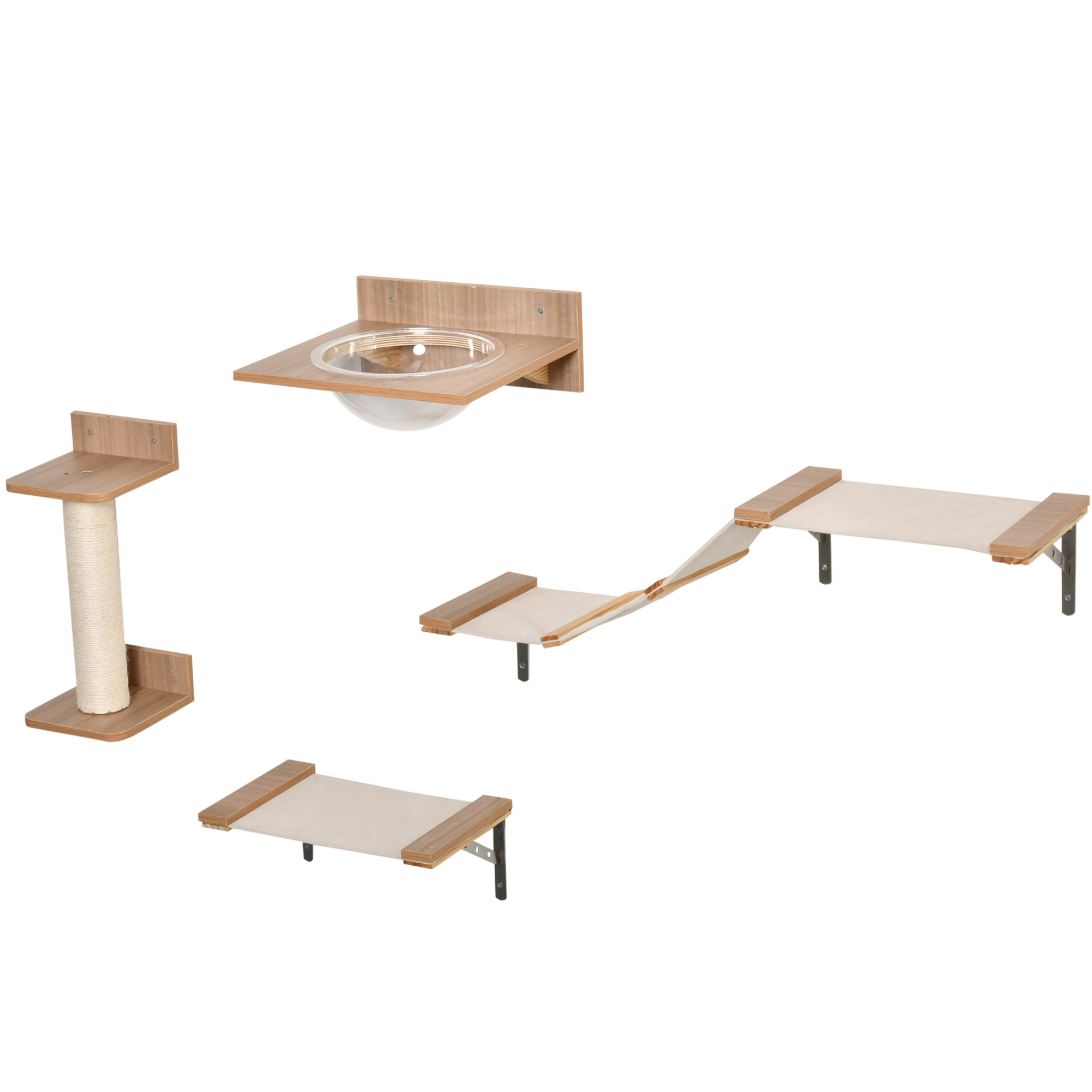 PawHut 4st. Klimmuur voor katten Kattenklimwand met krabpaal Kattentrap Kattenmeubel Hangmat Lichtbruin sisal acryl grenen