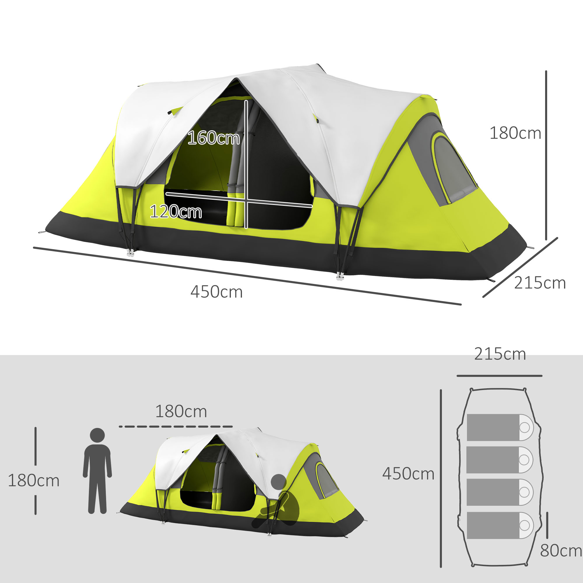 Outsunny Campingtent, 2 Kamers, Scheidingswand, voor 6 Personen, Regenbescherming, Donkergroen